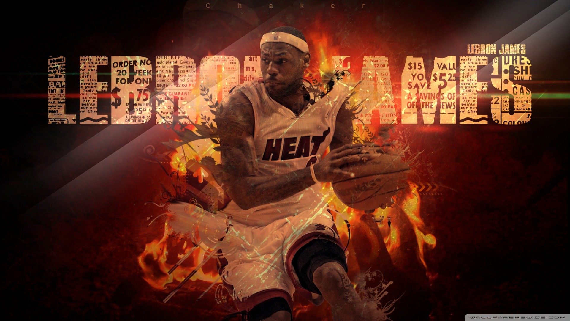 LeBron James, Miami Heat, Fiamme, Tipografia, 16:9 Full HD, sfondo widescreen