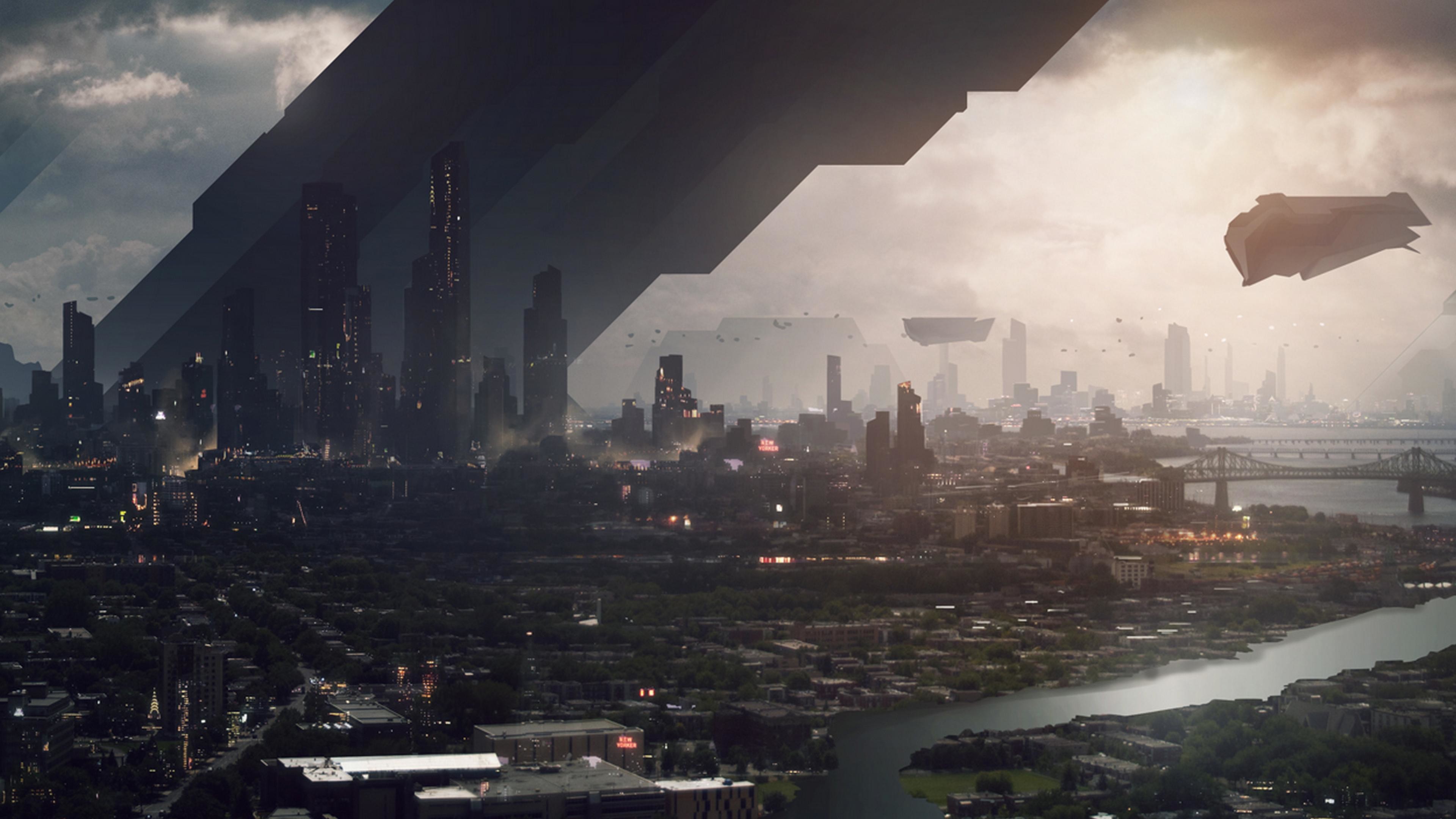 Città futuristica, Astronavi, Fiume, Fantascienza, 4K, sfondo per PC e portatile
