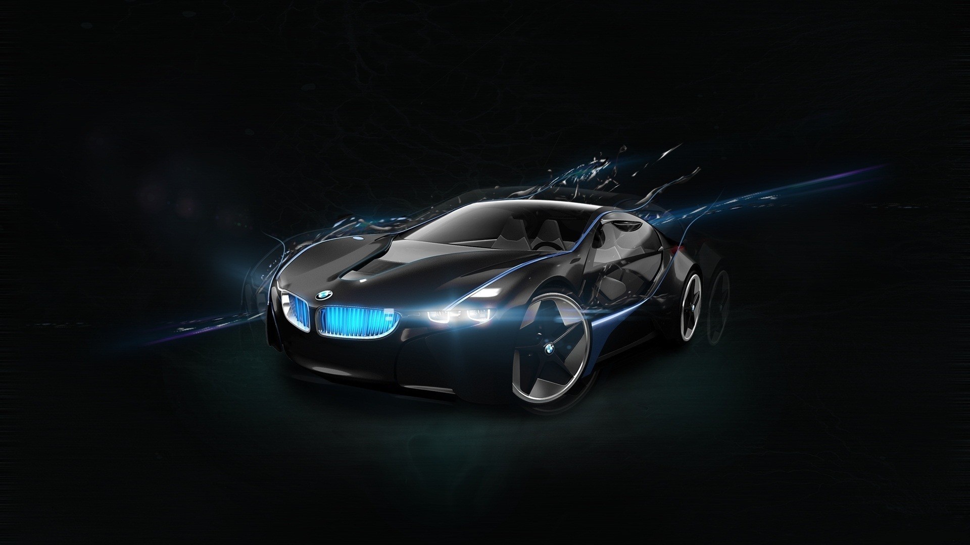 BMW i8, Concept car, Sfondo nero, Luci blu, 1920x1080, wallpaper desktop