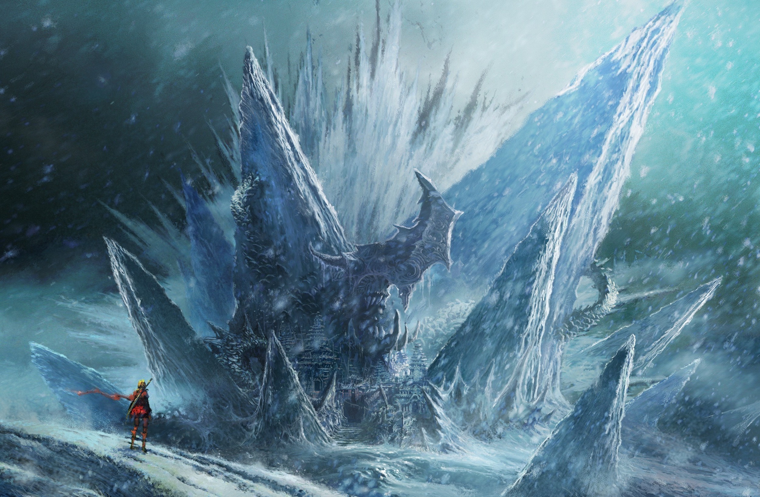 Drago di ghiaccio, Fantasy, Bufera, Guerriero, Full HD, sfondo per PC