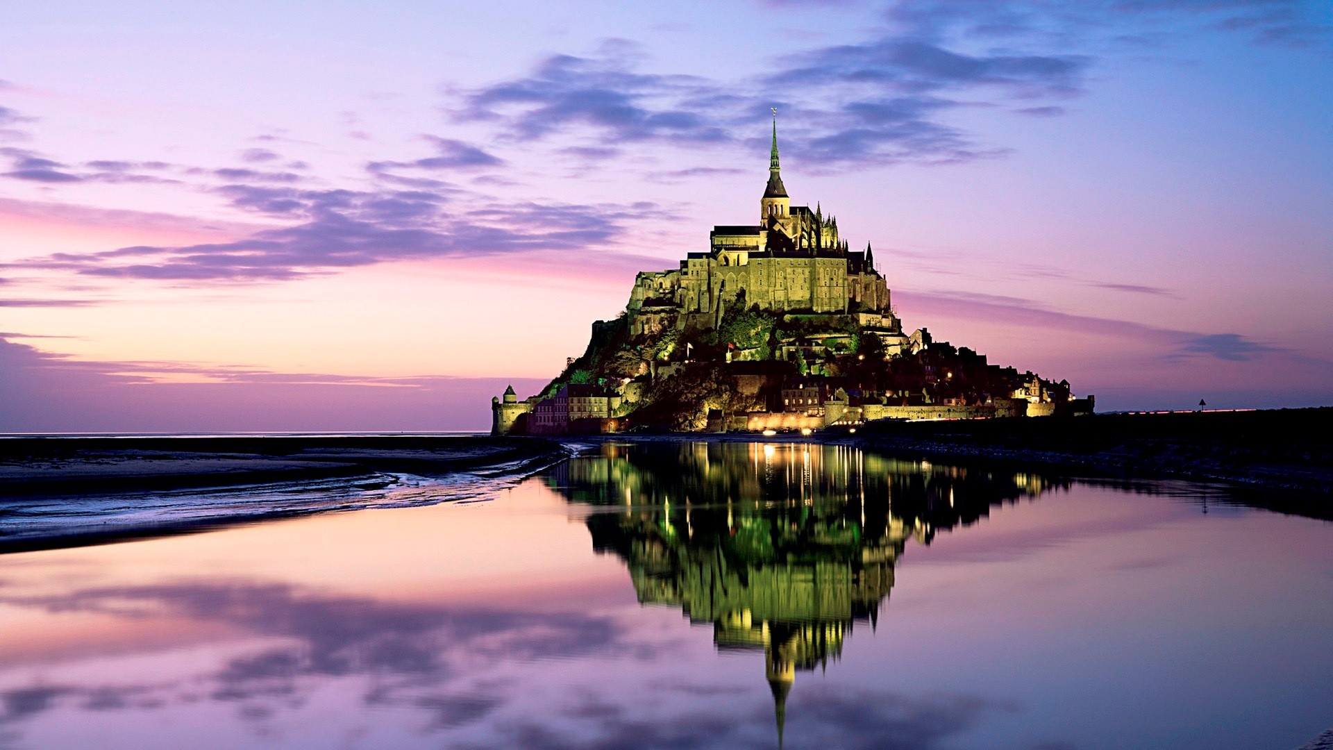 Mont-Saint-Michel, Normandia, Francia, Riflesso, Tramonto, 1920x1080, wallpaper desktop