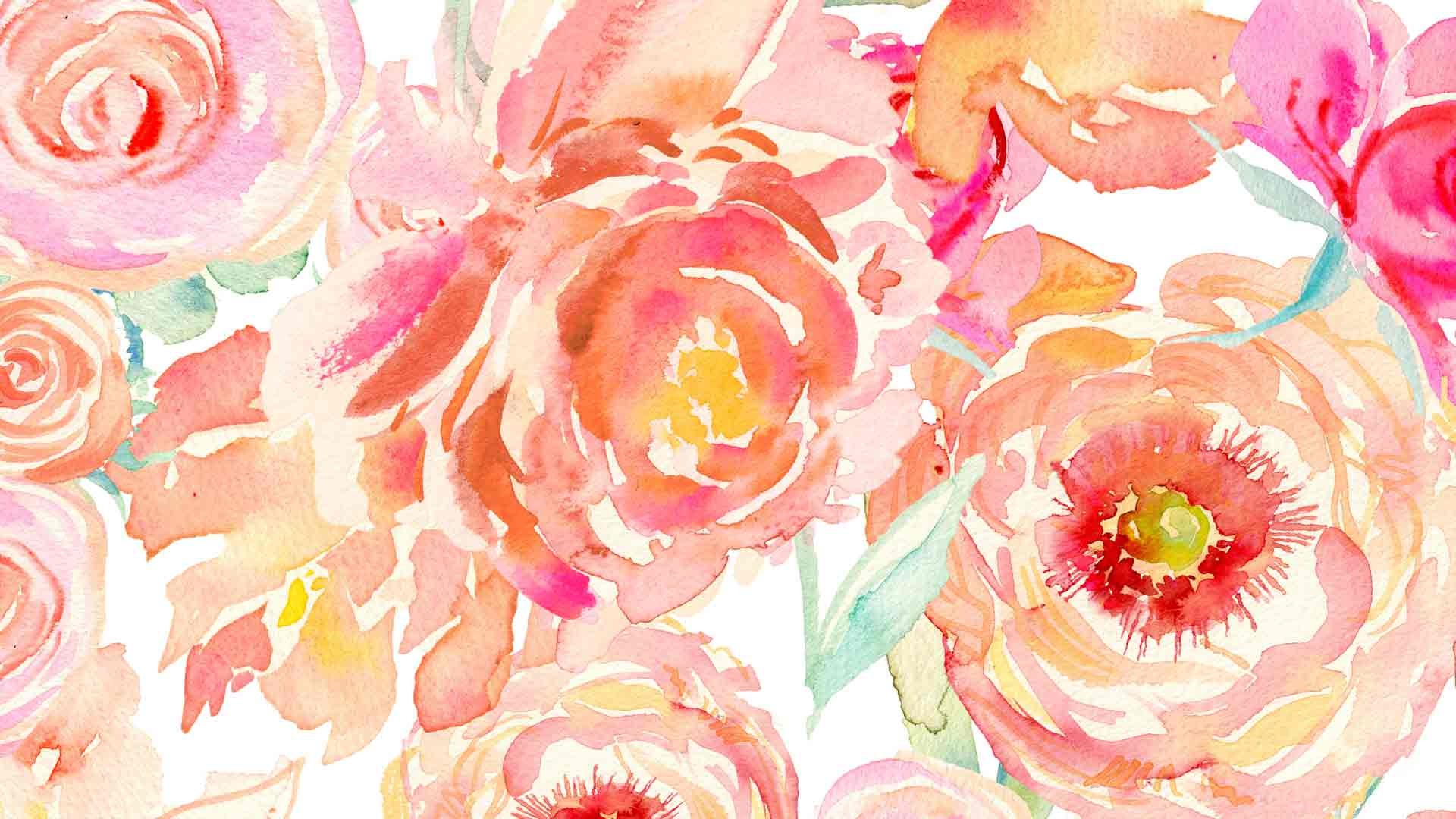 Peonie, Rose, Acquerello, Pesca, Rosa, Full HD 1080p, sfondo desktop