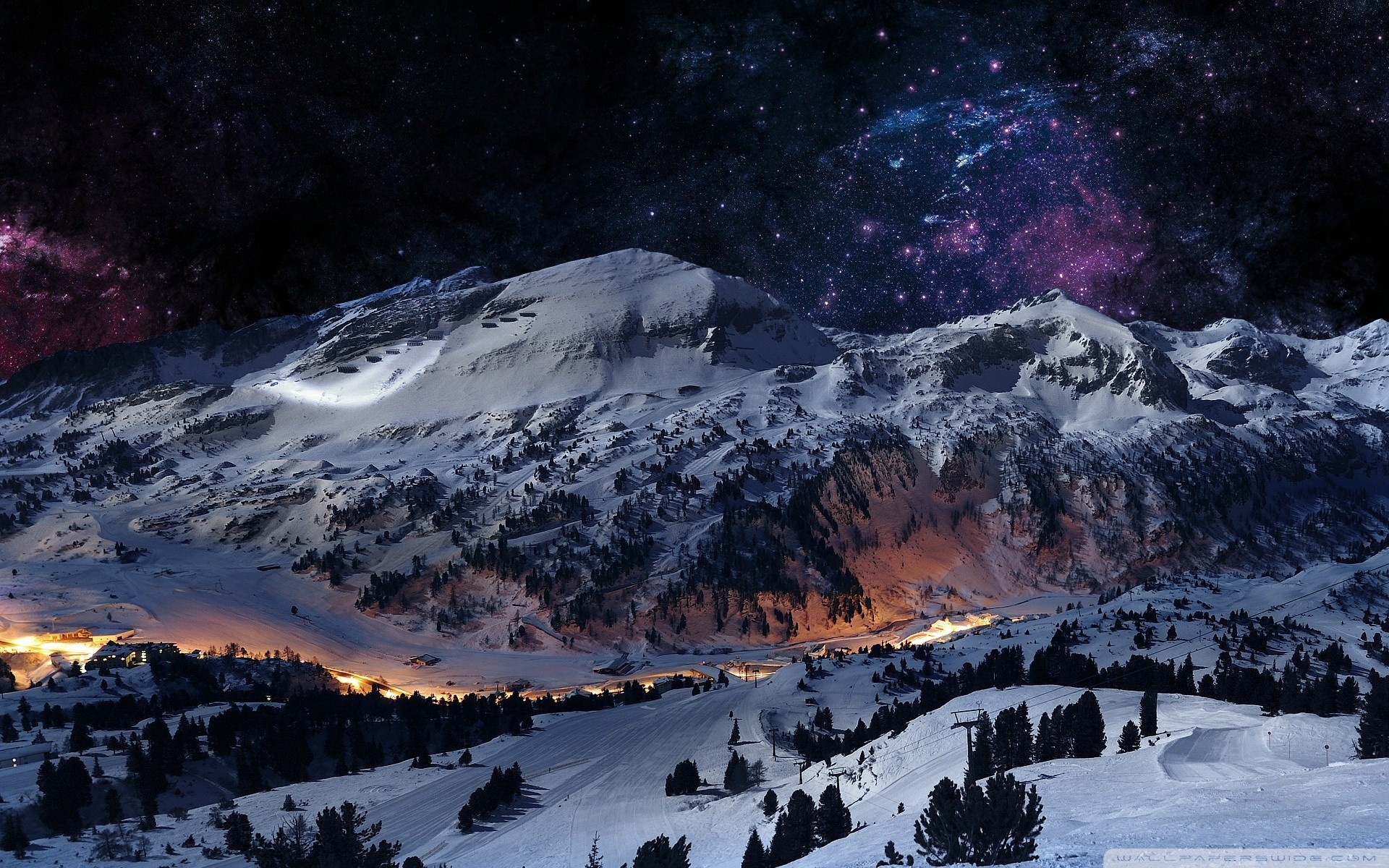 Montagne innevate, Cielo stellato, Villaggio, Neve, 1920x1200, wallpaper desktop