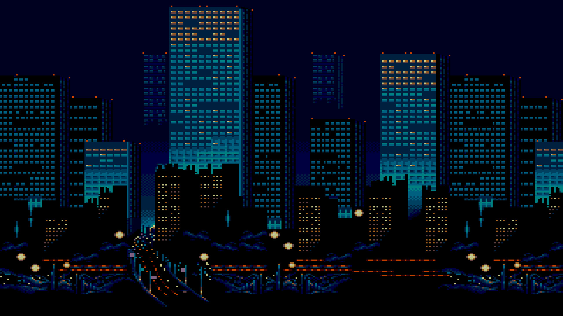 Pixel art, Città, Notte, Grattacieli, Full HD, wallpaper per PC
