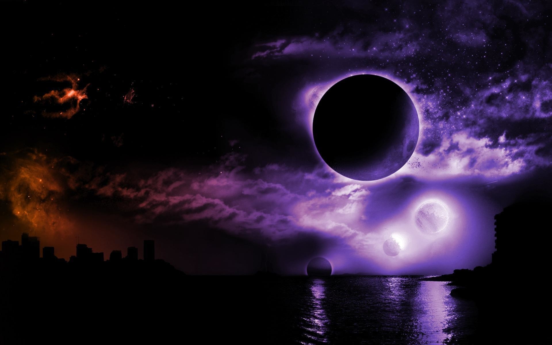 Eclissi, Pianeta, Nuvole viola, Arte fantasy, Notte, 1920x1200, immagine di sfondo