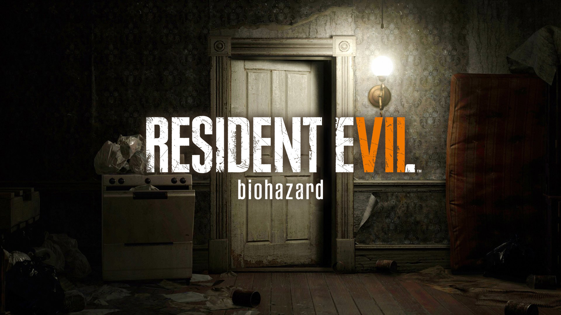 Resident Evil 7: Biohazard, Logo, Porta, Buio, Horror, Full HD 1080p, sfondo desktop