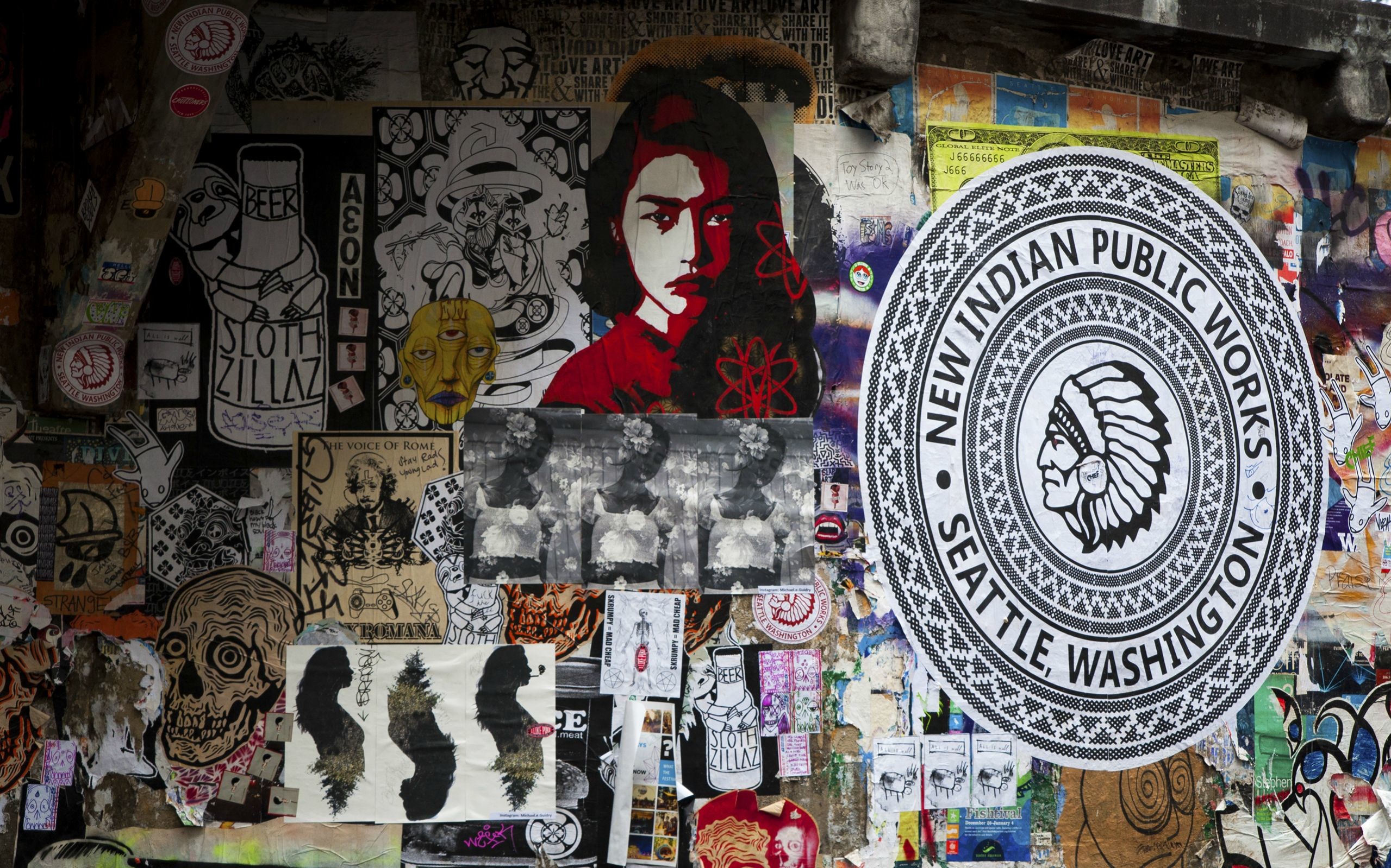 New Indian Public Works, Seattle, Adesivi, Poster, Collage urbano, sfondo widescreen Full HD