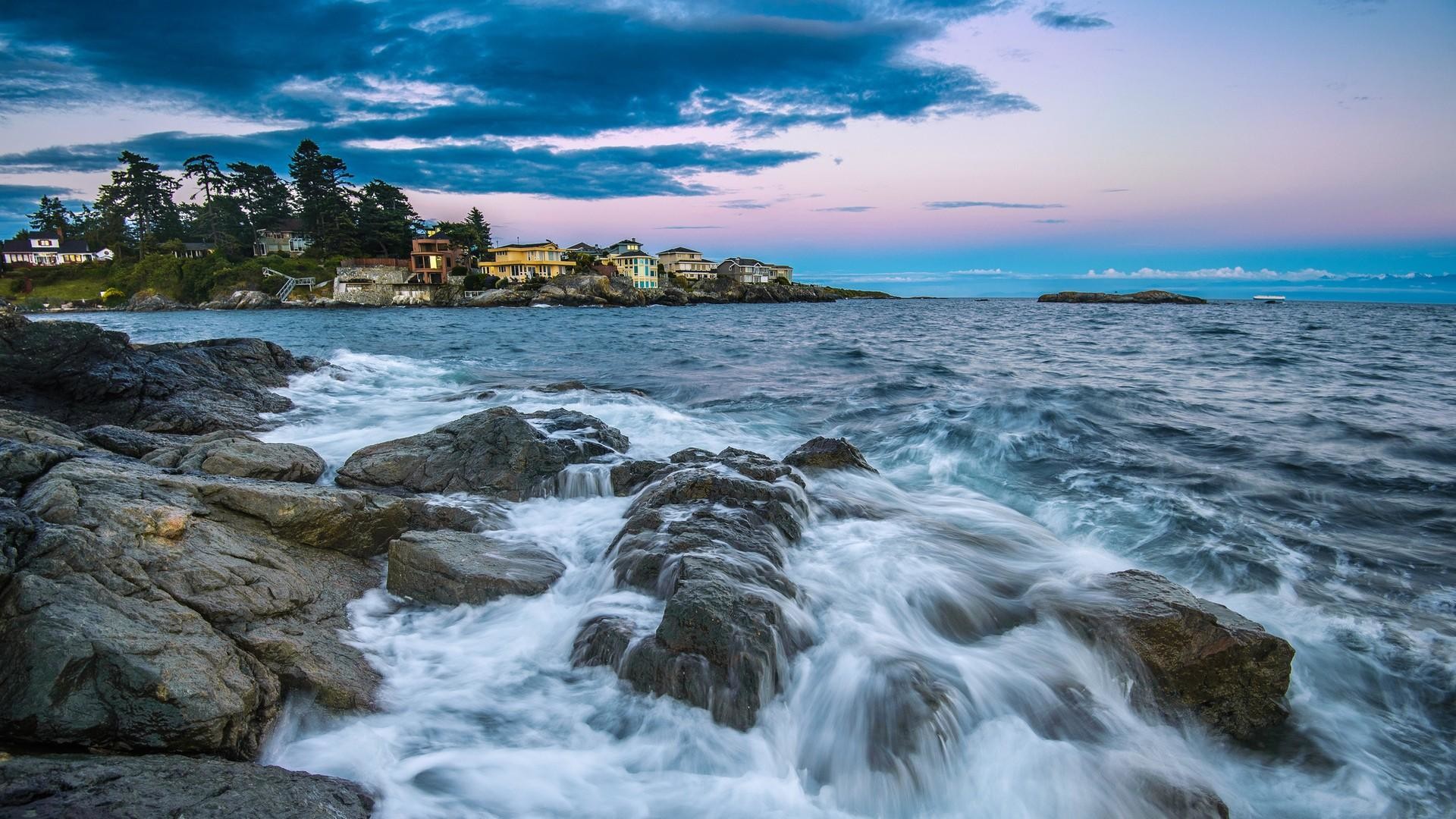 Costa rocciosa, Onde, Lunga esposizione, Crepuscolo, Full HD, sfondo Windows 11