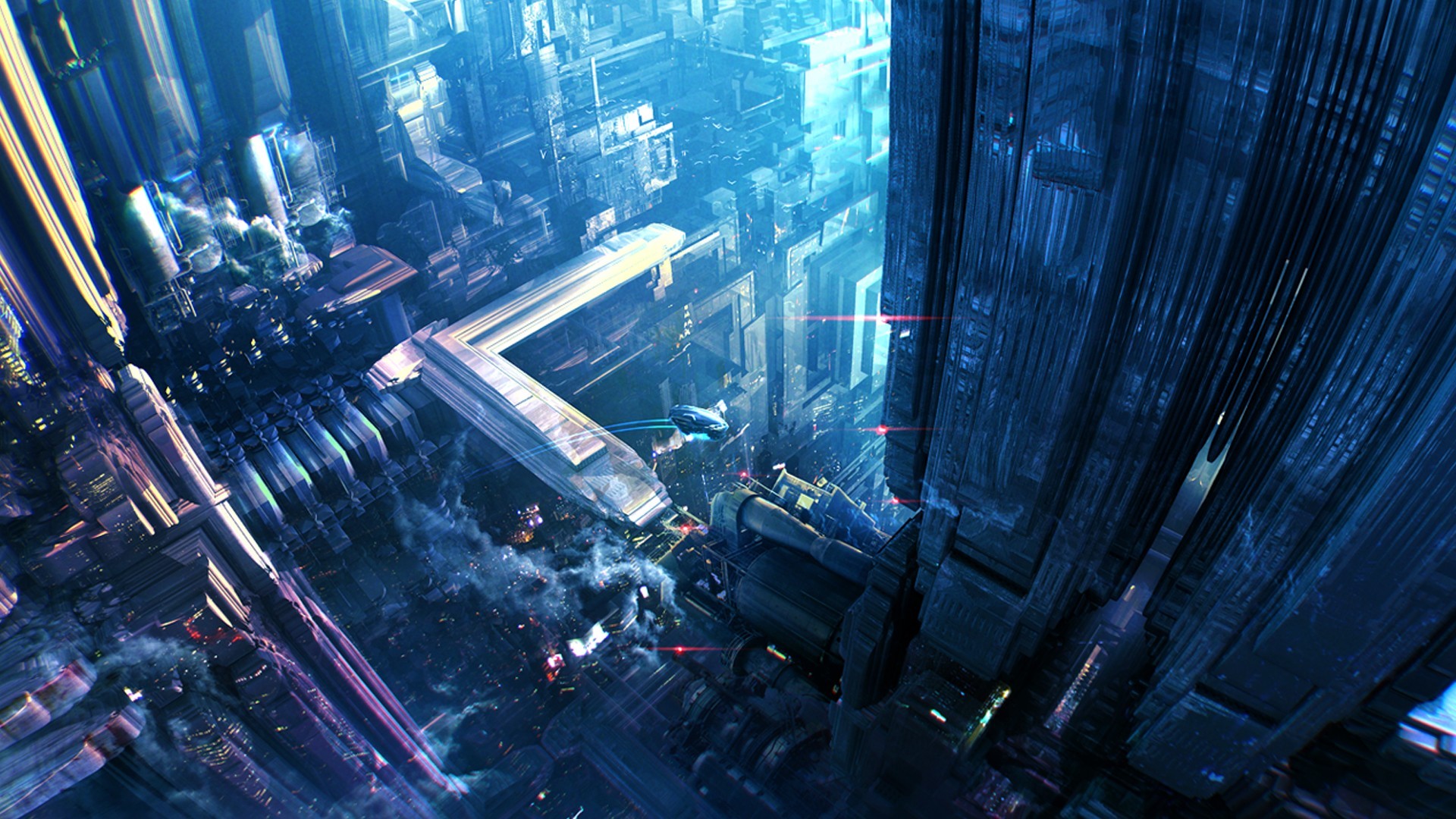 Città futuristica, Grattacieli, Blu, Fantascienza, 1920x1080, immagine di sfondo