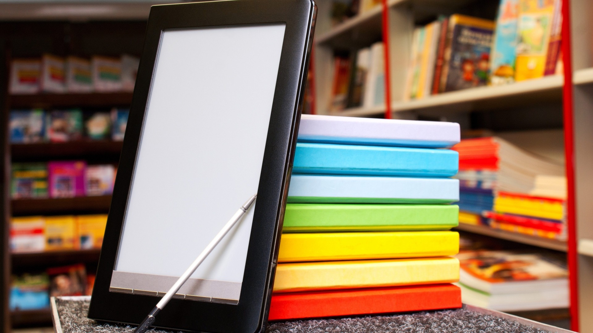 E-reader, Libri colorati, Libreria, Pennino, sfondo per tablet
