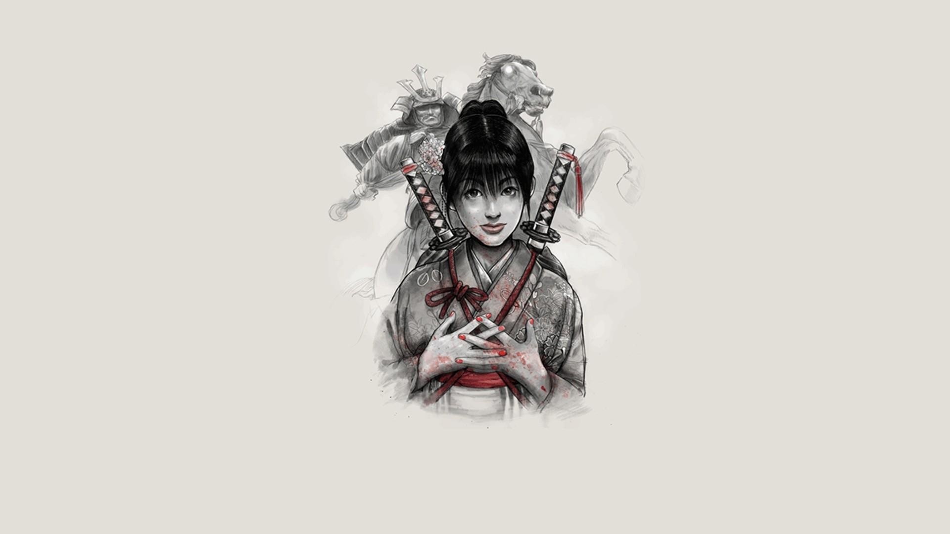Ragazza samurai, Katane, Disegno a matita, Full HD, wallpaper per portatile