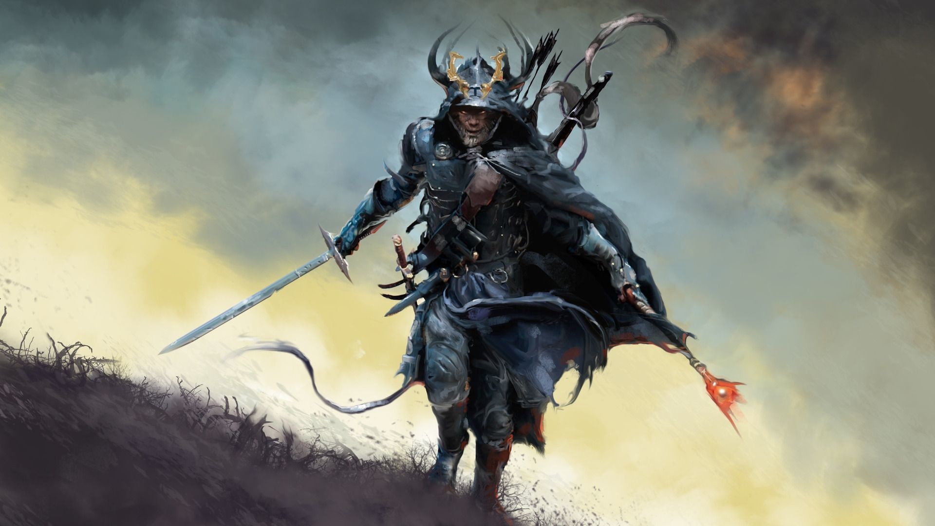 Samurai, Lancia, Fantasy, Pittura digitale, Full HD, sfondo desktop