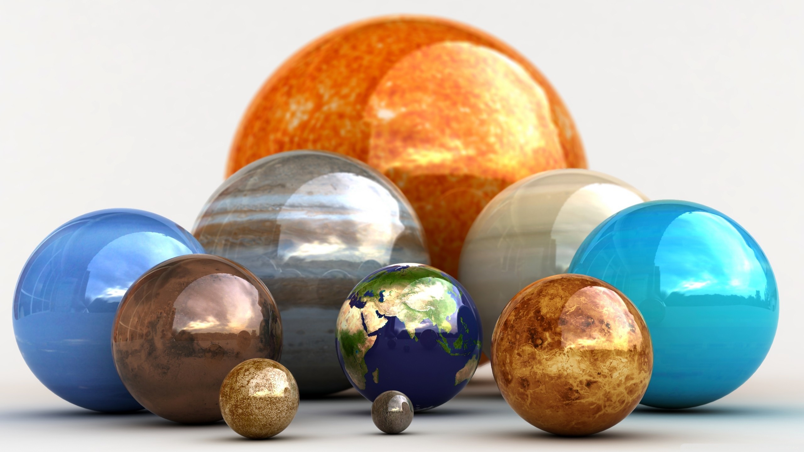 Sistema solare, Pianeti, Sole, Terra, Giove, Rendering 3D, Sfondo bianco, wallpaper desktop 2K