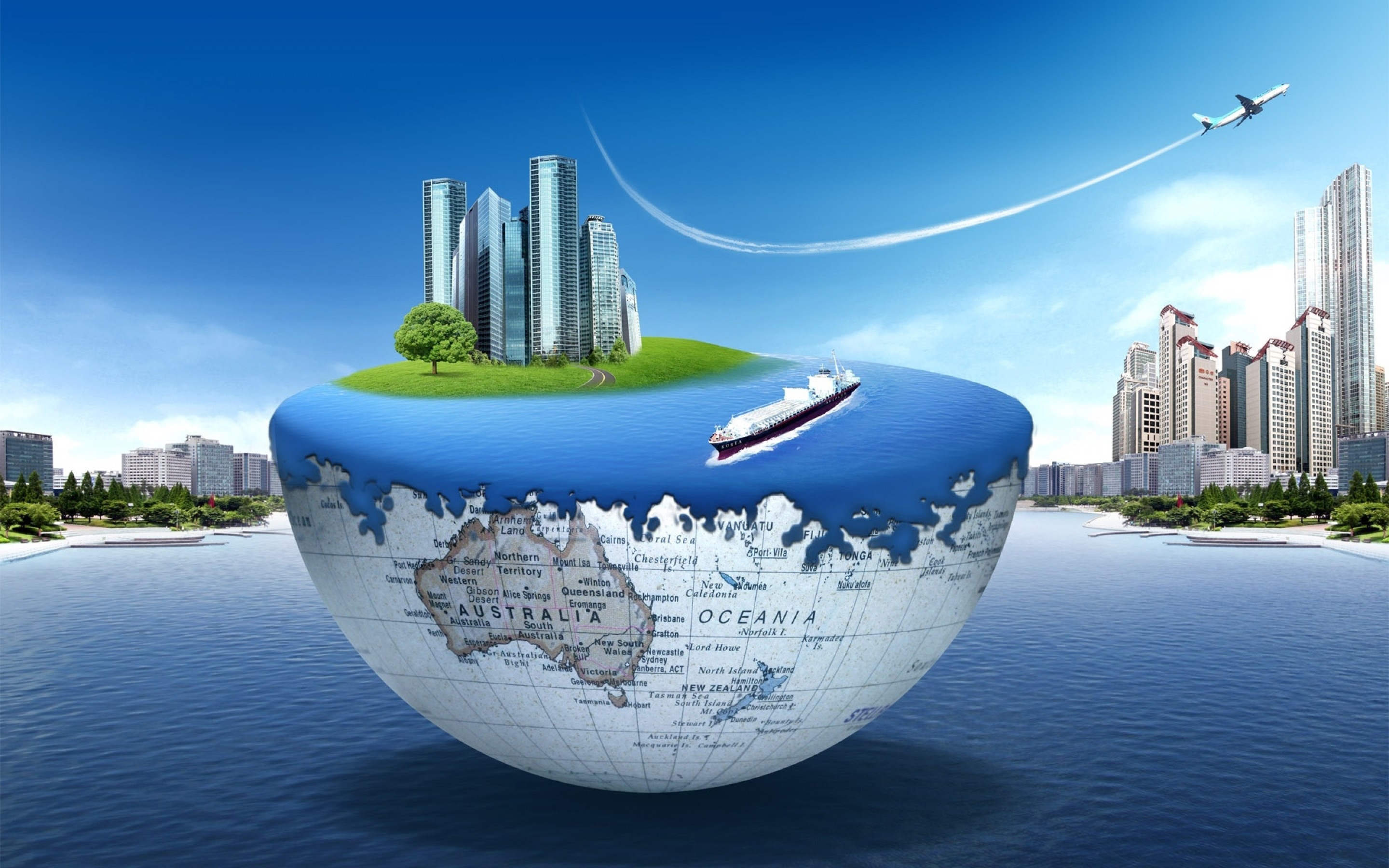 Globo, Oceania, Città, Aereo, Surreale, 2K, sfondo Windows 11