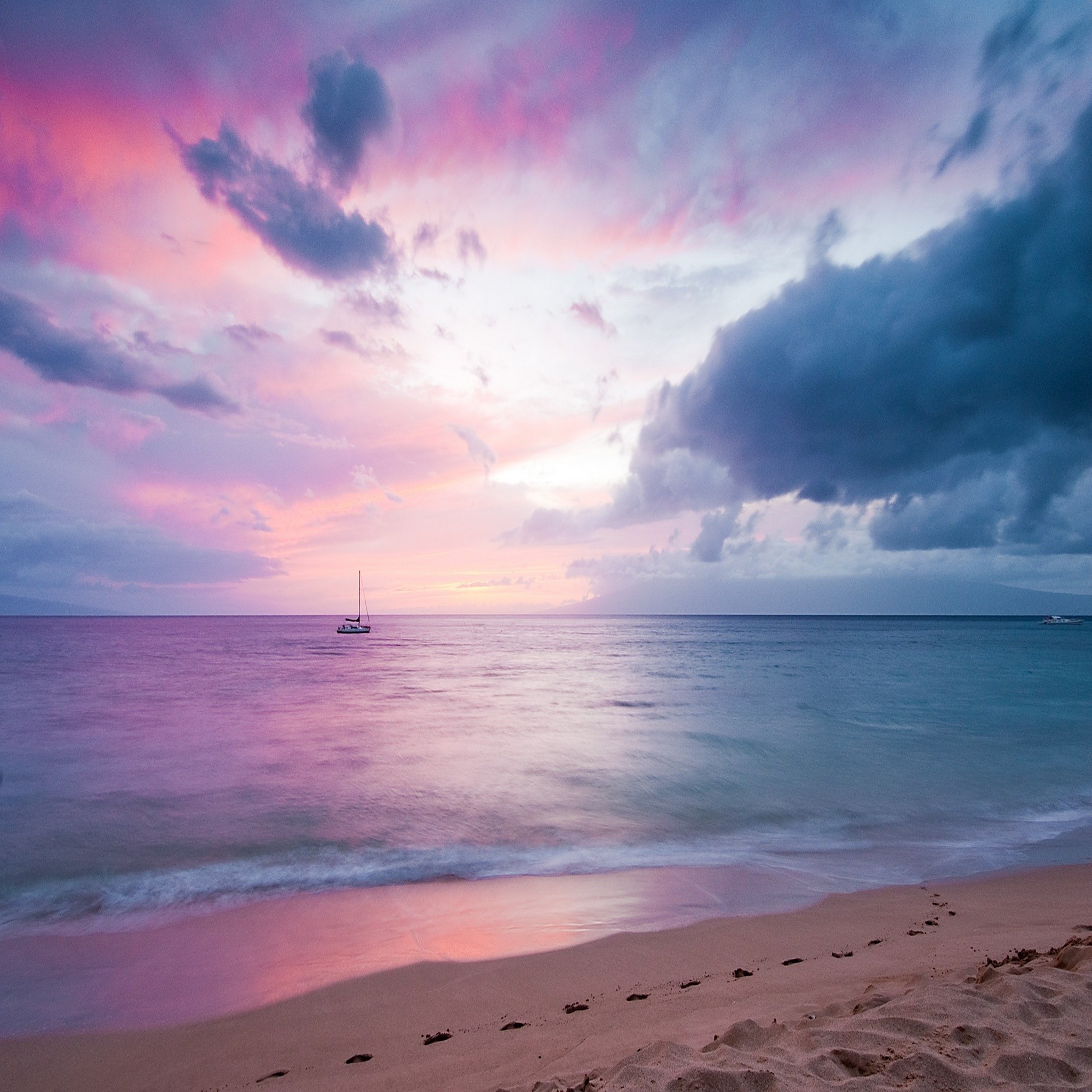 Spiaggia, Mare, Tramonto, Cielo rosa, Full HD, sfondo per cellulare