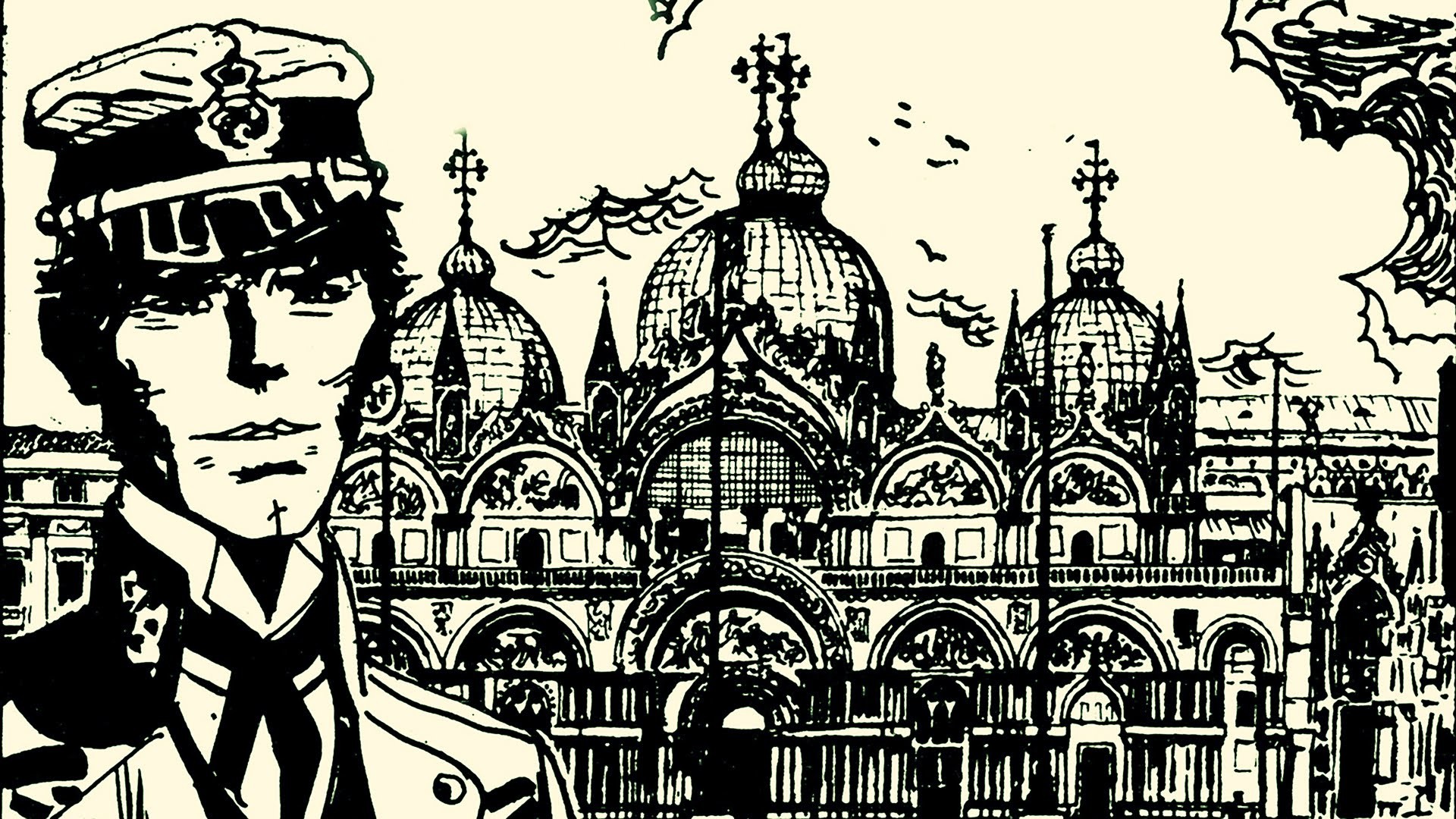 Corto Maltese, Hugo Pratt, Basilica di San Marco, Venezia, Bianco e nero, sfondo Windows 11