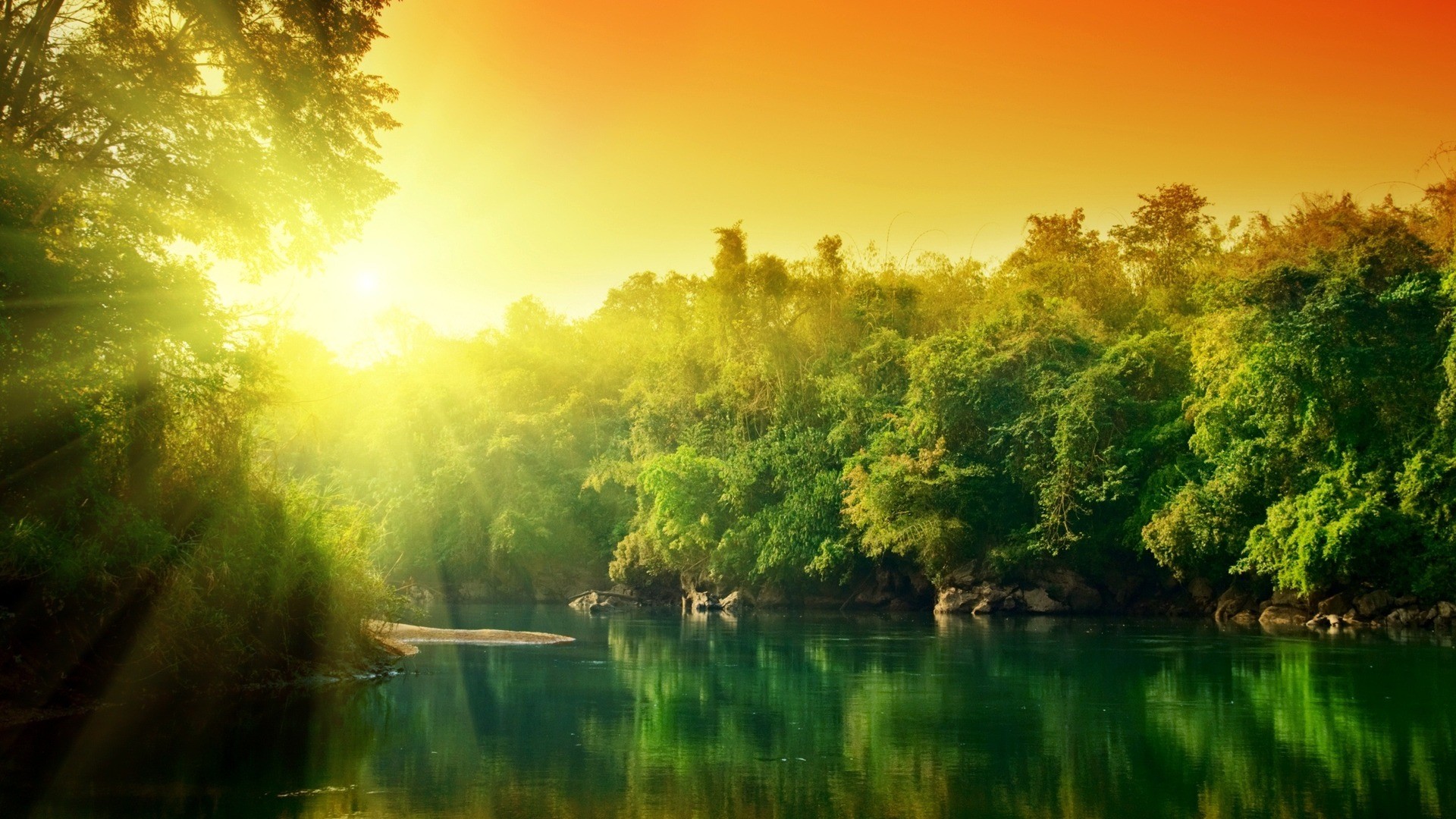 Fiume, Foresta, Tramonto, Raggi di sole, Full HD, wallpaper per PC