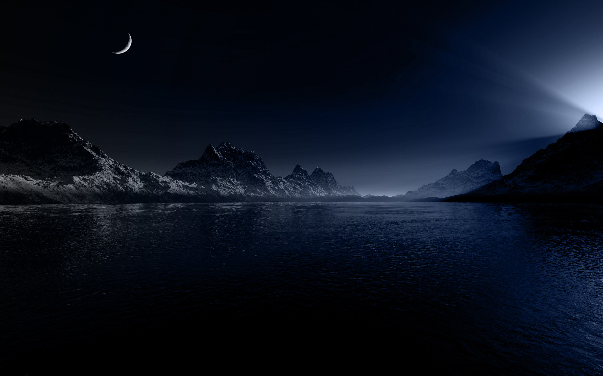 Luna crescente, Montagne, Lago, Notte, 16:10 Full HD, sfondo widescreen