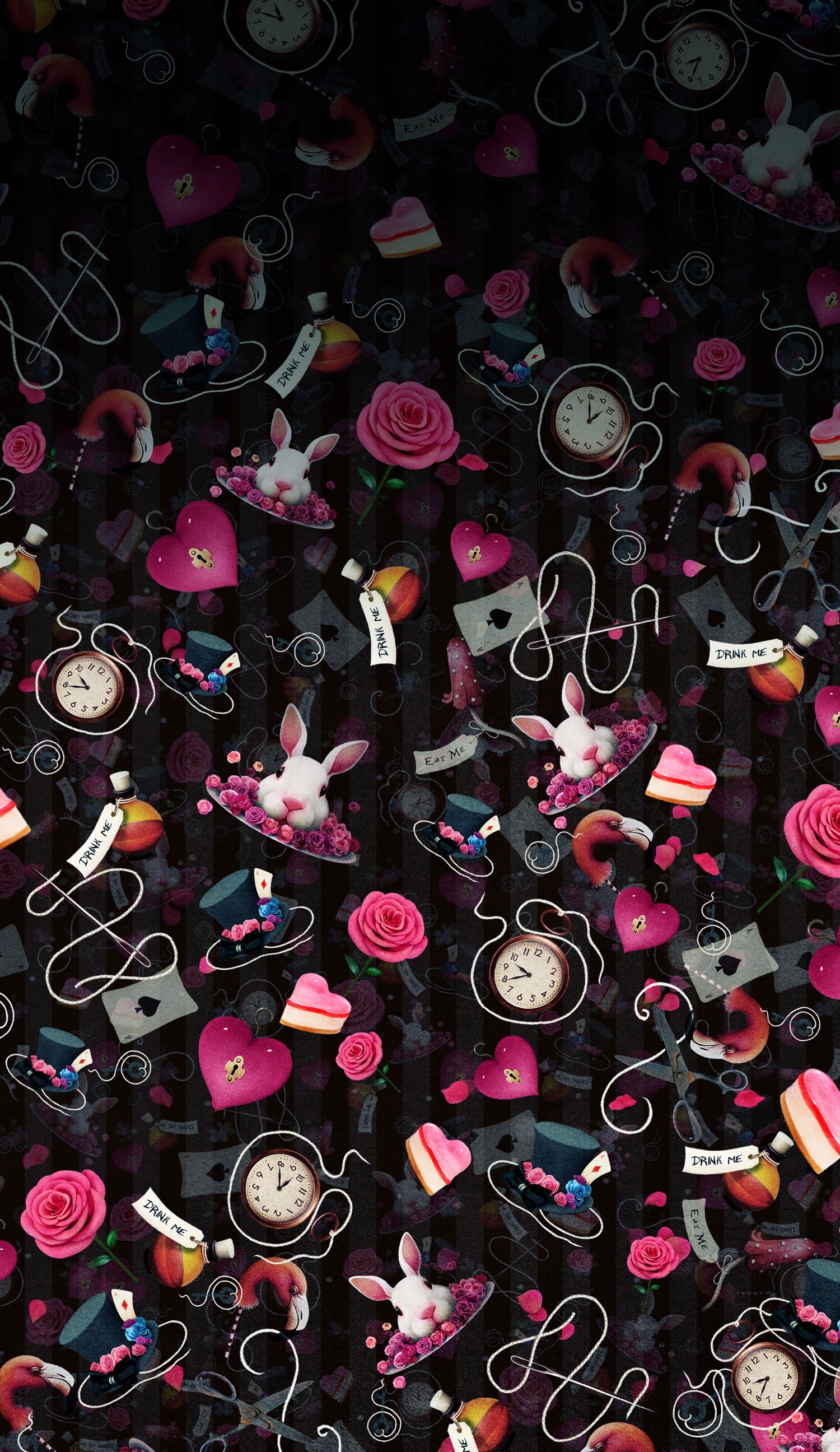 Alice nel Paese delle Meraviglie, Motivo, Rose, Tazze, Sfondo nero, wallpaper per smartphone