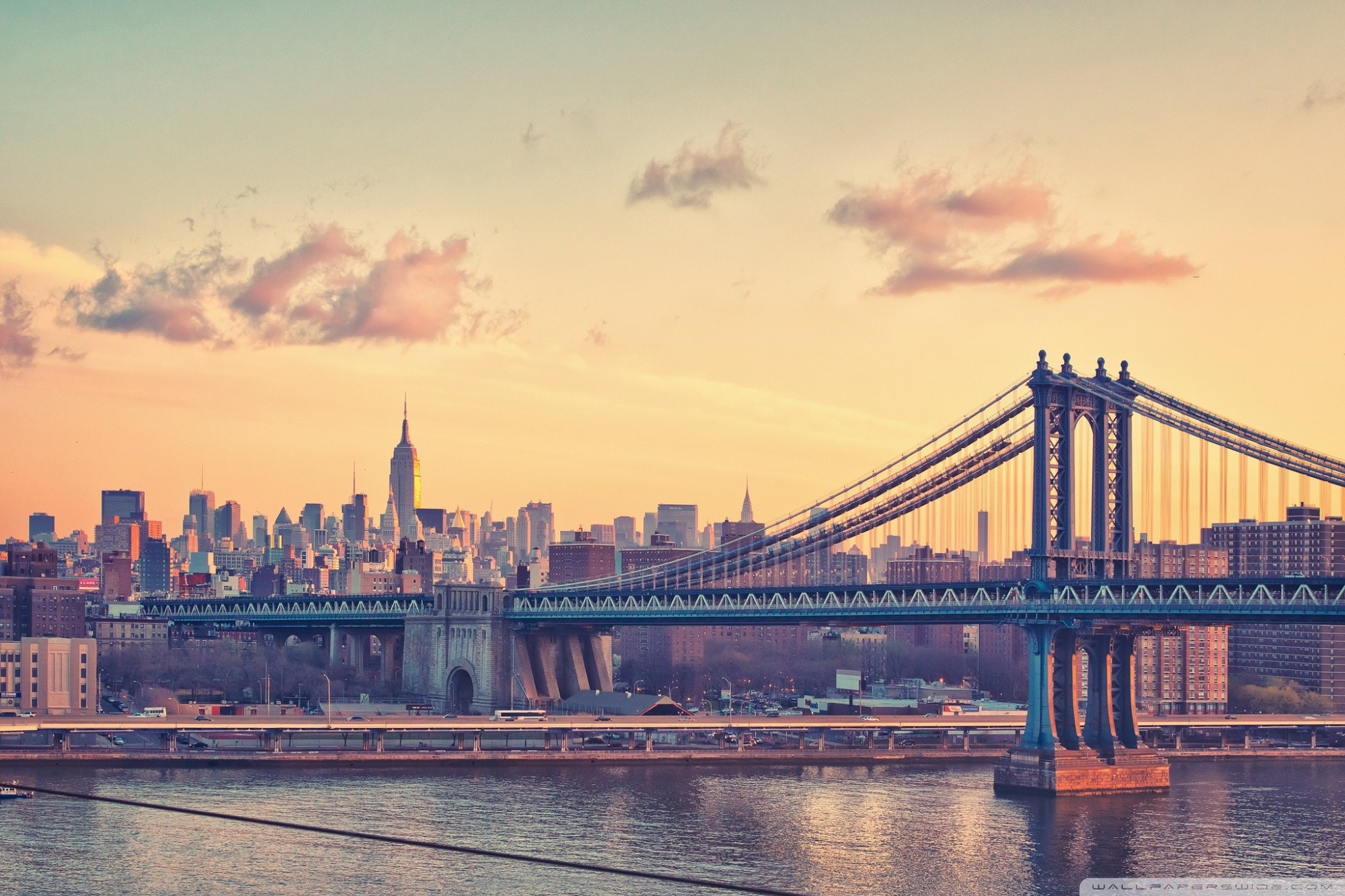 Manhattan Bridge, Empire State Building, Skyline, Tramonto, Full HD, wallpaper per computer