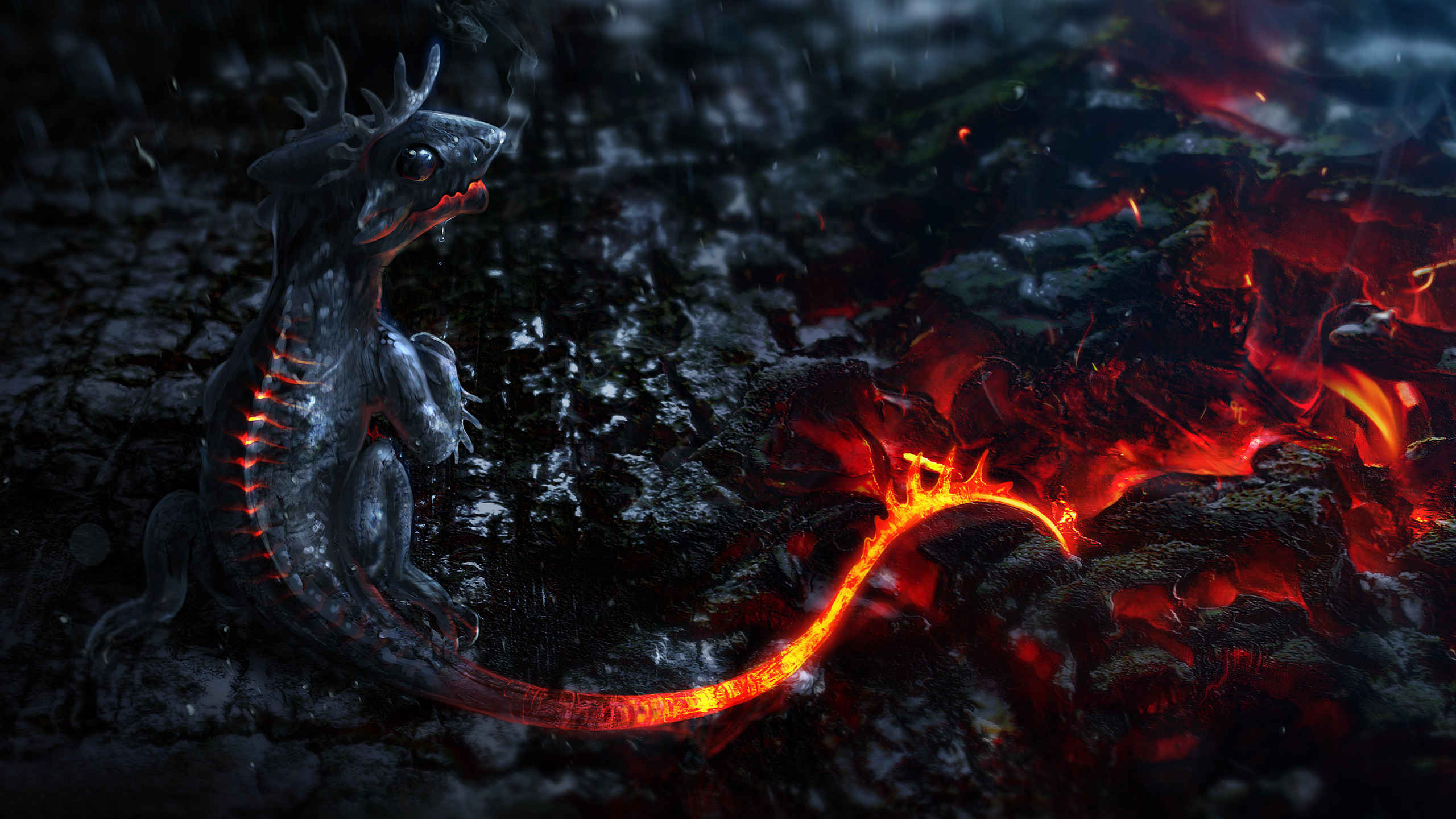 Drago, Lava, Arte 3D, Brace, 16:9 2K, sfondo widescreen