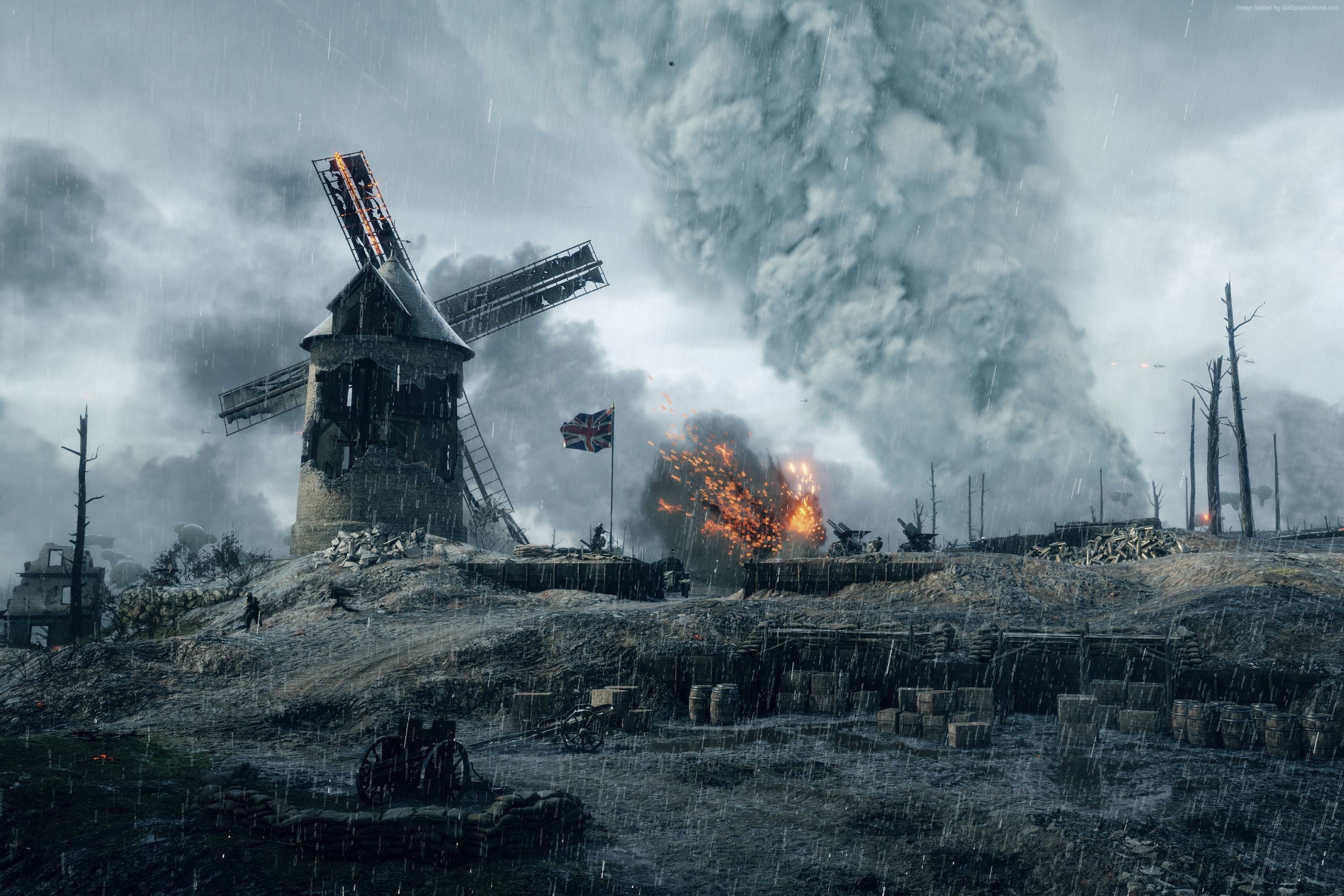 Battlefield 1, Mulino a vento, Campo di battaglia, Fumo, Prima guerra mondiale, sfondo desktop