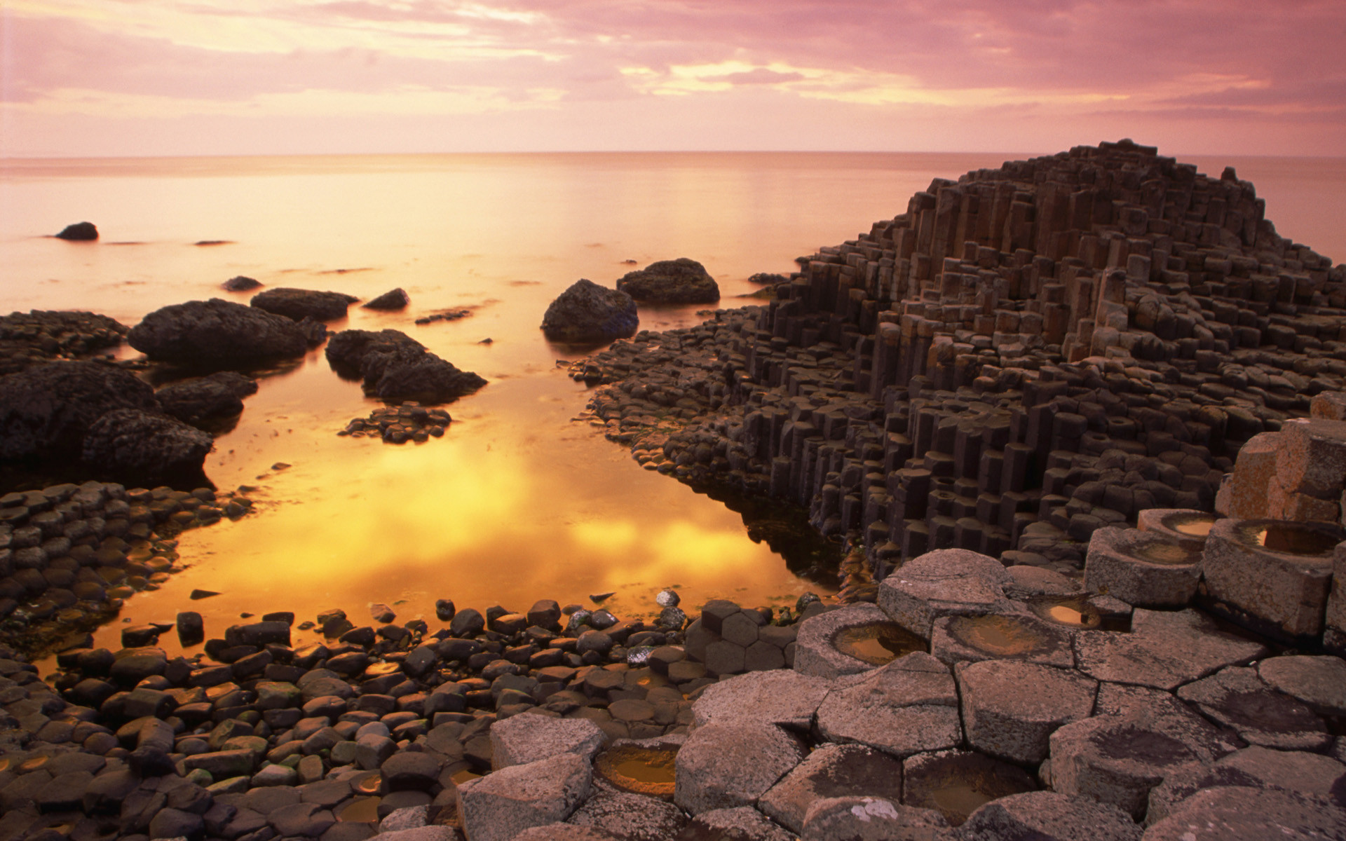 Selciato del gigante, Giant's Causeway, Irlanda del Nord, Colonne di basalto, Mare, sfondo desktop