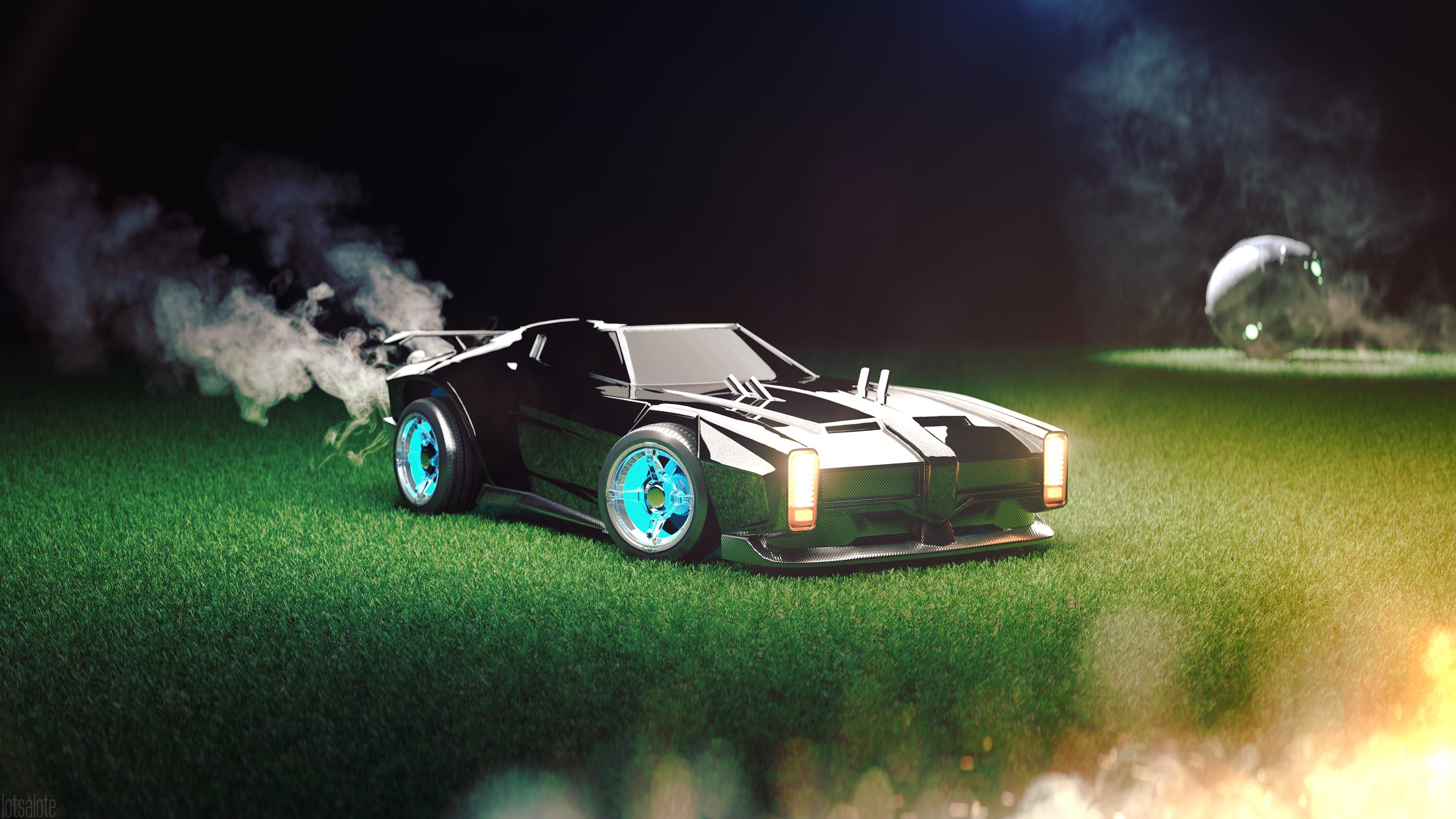 Rocket League, Batmobile, Pallone, Prato, Fumo, 4K, sfondo per portatile