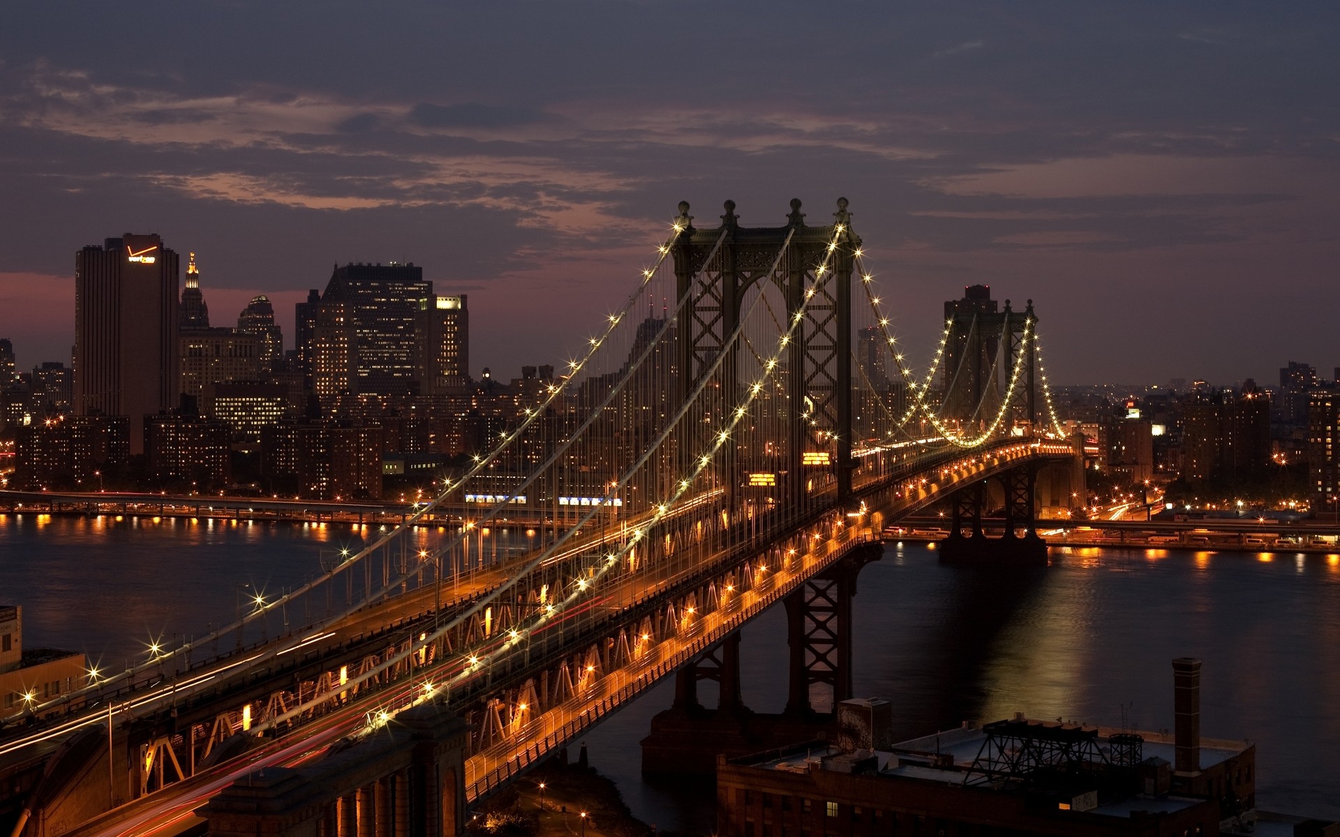 Manhattan Bridge, East River, Notte, Luci, 1920x1200, sfondo per PC