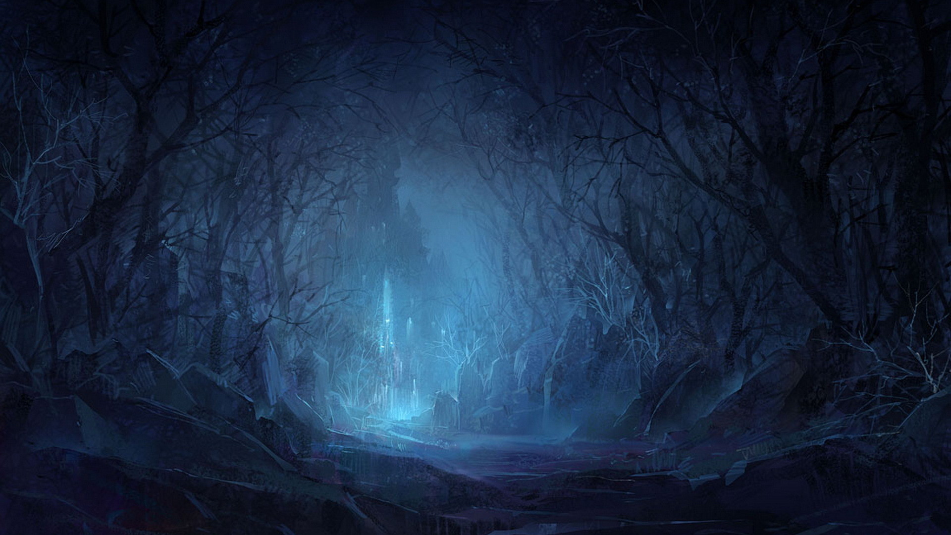 Foresta fantasy, Luce blu, Pittura digitale, Mistero, Full HD, sfondo desktop