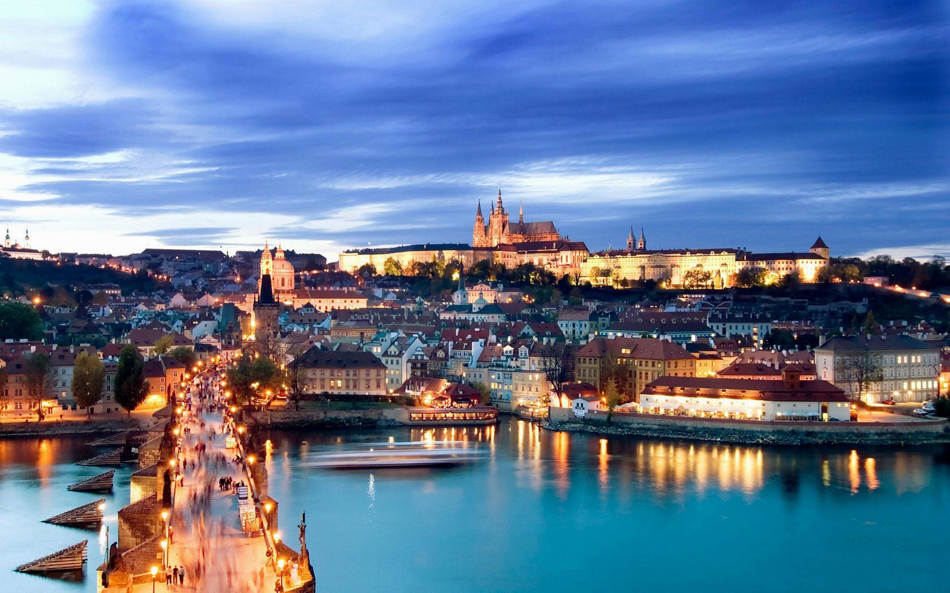 Praga, Castello di Praga, Ponte Carlo, Moldava, Crepuscolo, 1920x1200, wallpaper desktop