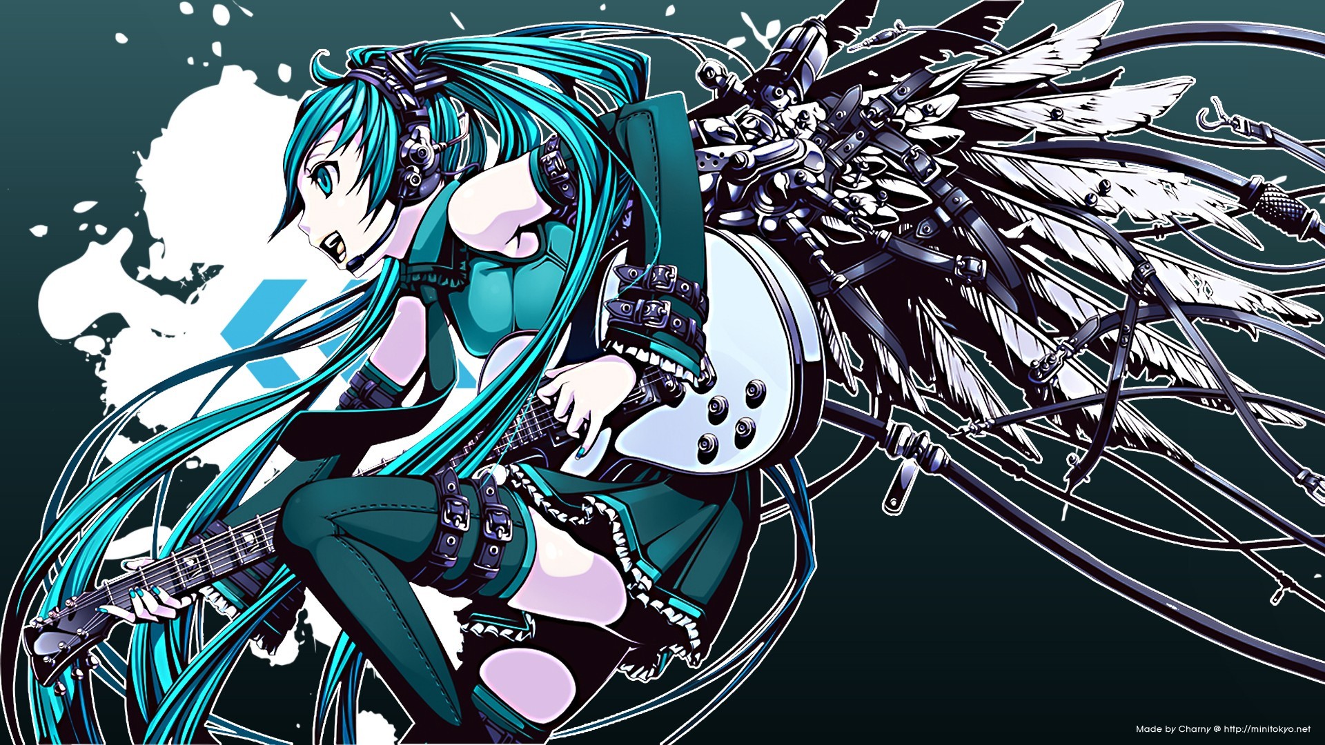 Hatsune Miku, Vocaloid, Chitarra elettrica, Anime, Full HD, sfondo per portatile