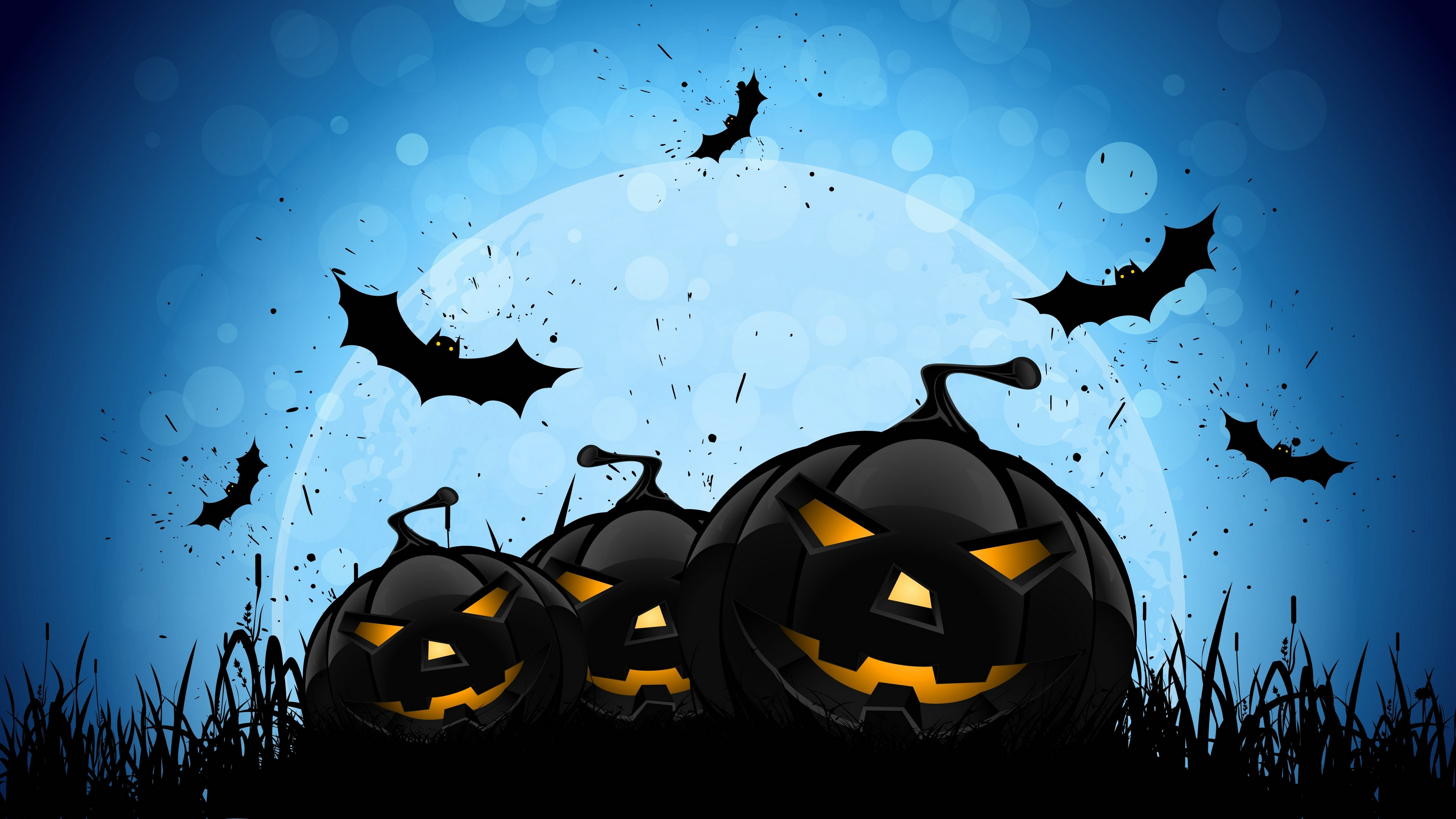 Jack-o'-lantern, Pipistrelli, Luna piena, Blu, Silhouette, 4K, wallpaper desktop