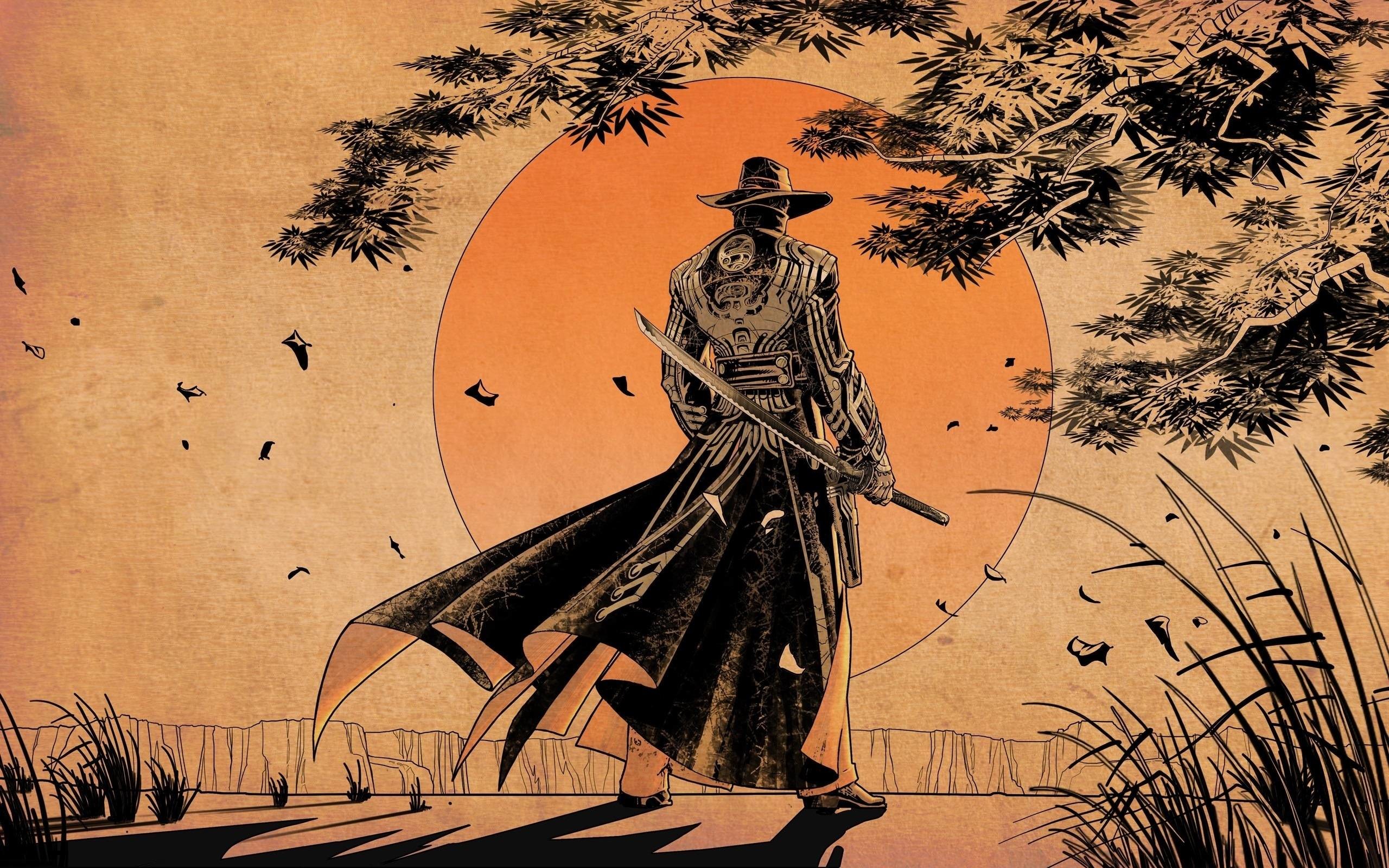 Samurai, Sole arancione, Illustrazione, Katana, 2K, sfondo per portatile