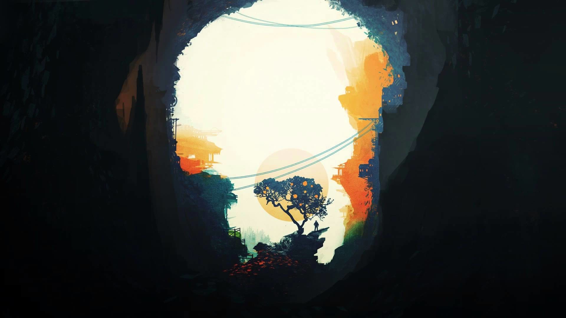 Grotta, Albero, Silhouette, Arte digitale, Full HD, sfondo Windows 11