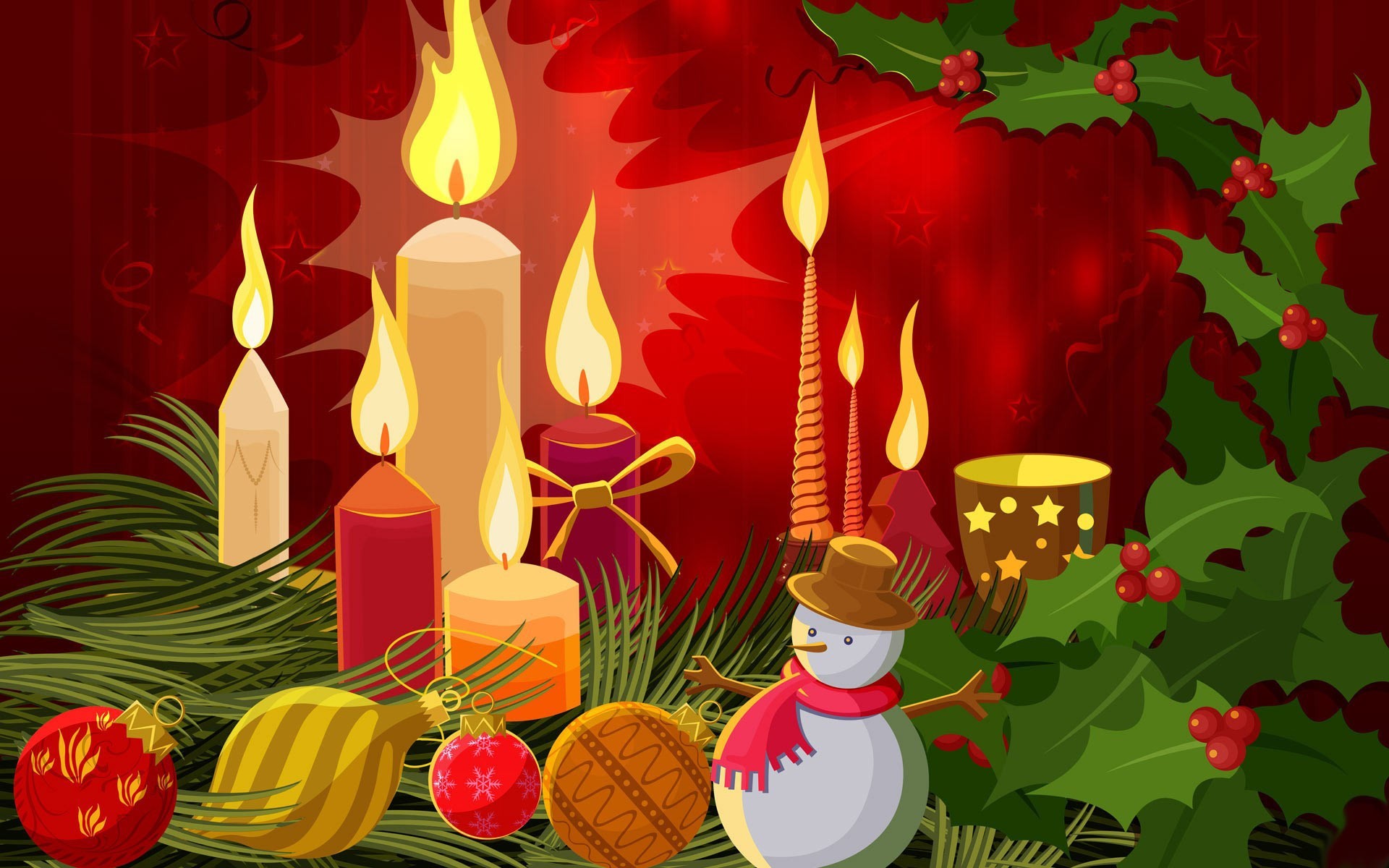 Candele, Agrifoglio, Pupazzo di neve, Palline di Natale, Illustrazione, sfondo 16:10 Full HD