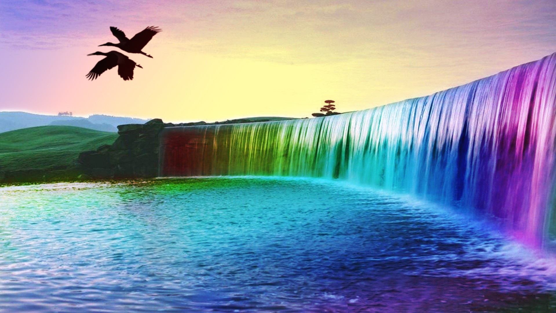 Cascata arcobaleno, Uccelli, Arte digitale, Tramonto, Full HD, sfondo desktop