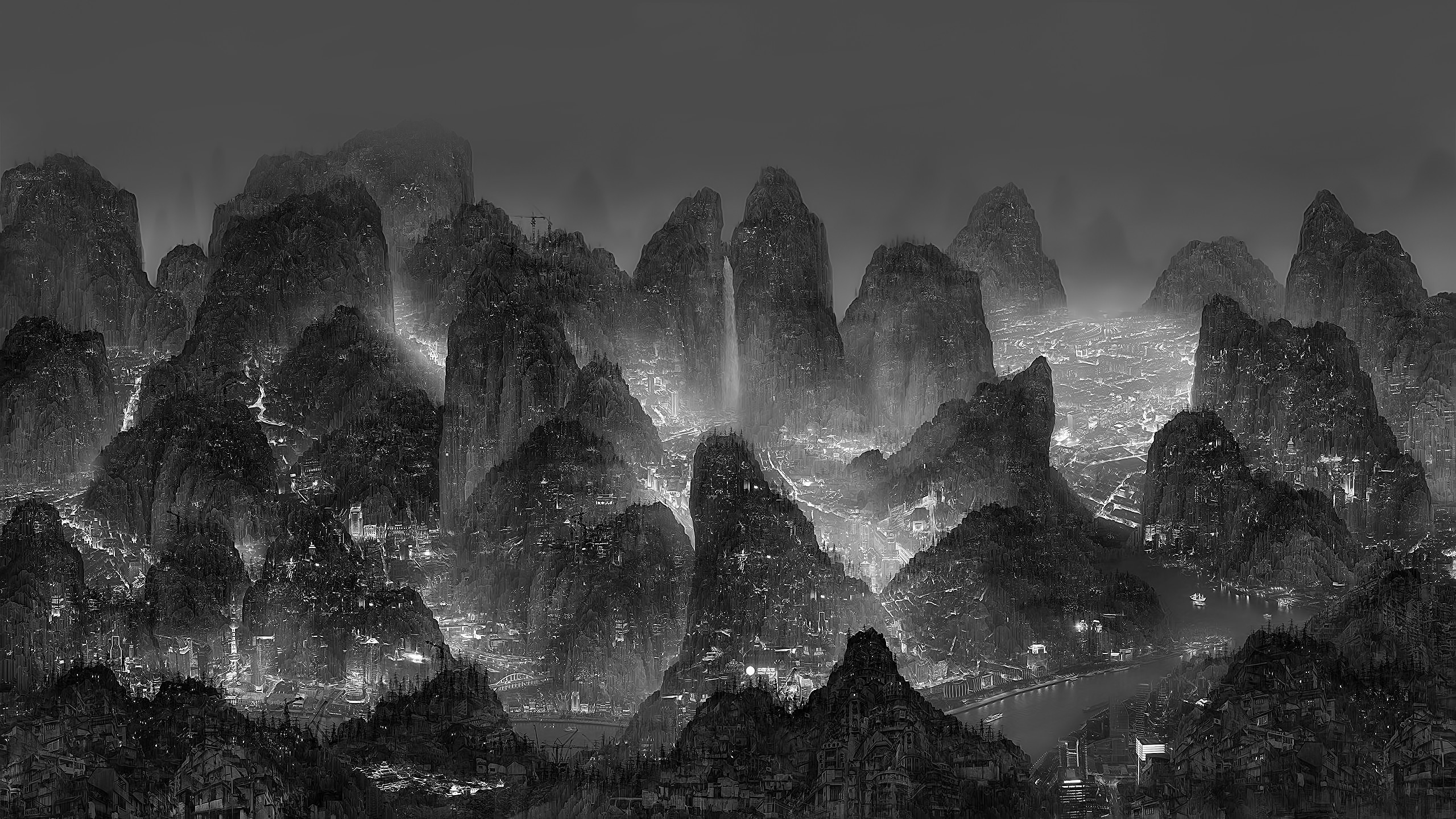 Montagne, Guilin, Bianco e nero, Paesaggio cinese, 2K, sfondo per PC