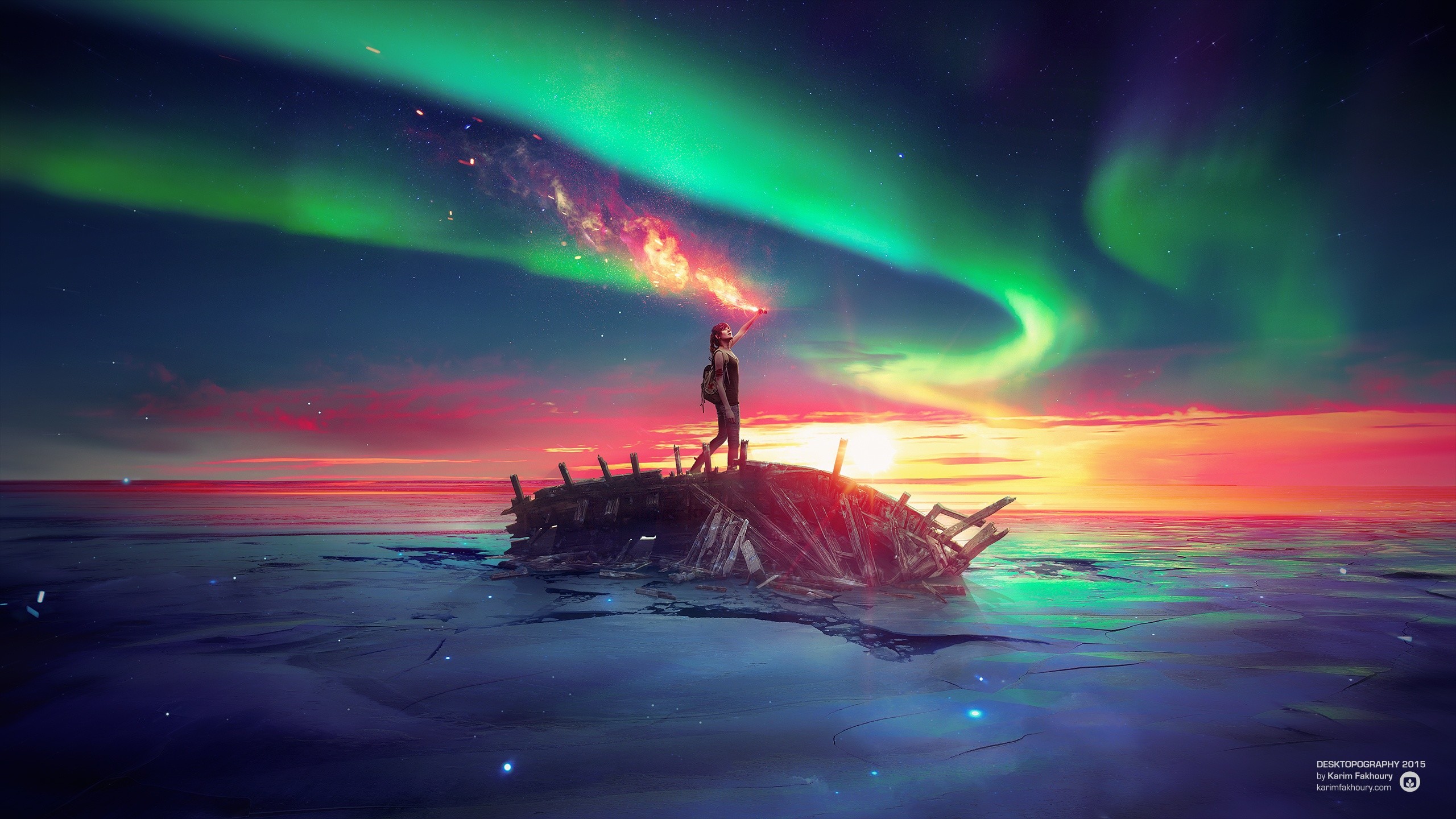 Aurora boreale, Relitto, Oceano, Via Lattea, Tramonto, Arte digitale, sfondo 16:9 2K