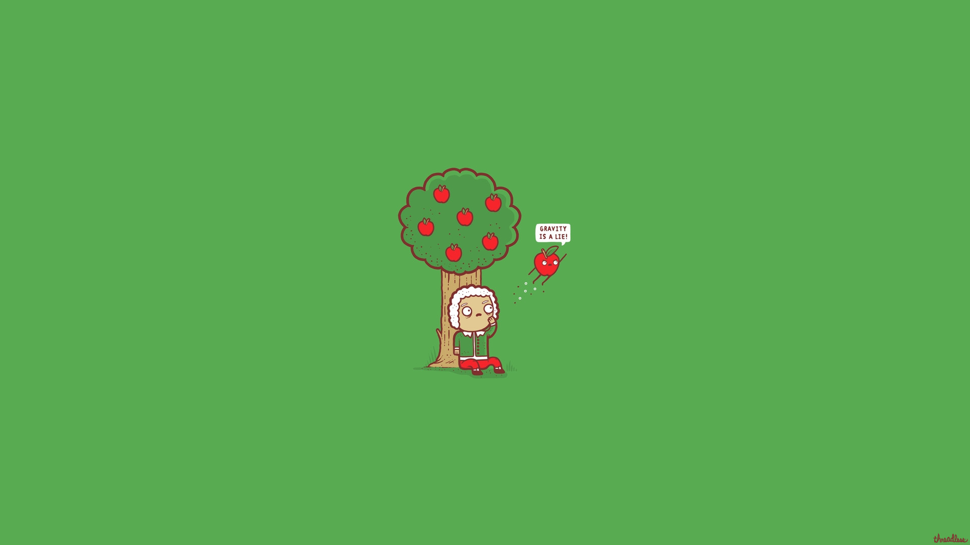 Isaac Newton, Melo, Gravità, Minimalista, Sfondo verde, Full HD, wallpaper per computer