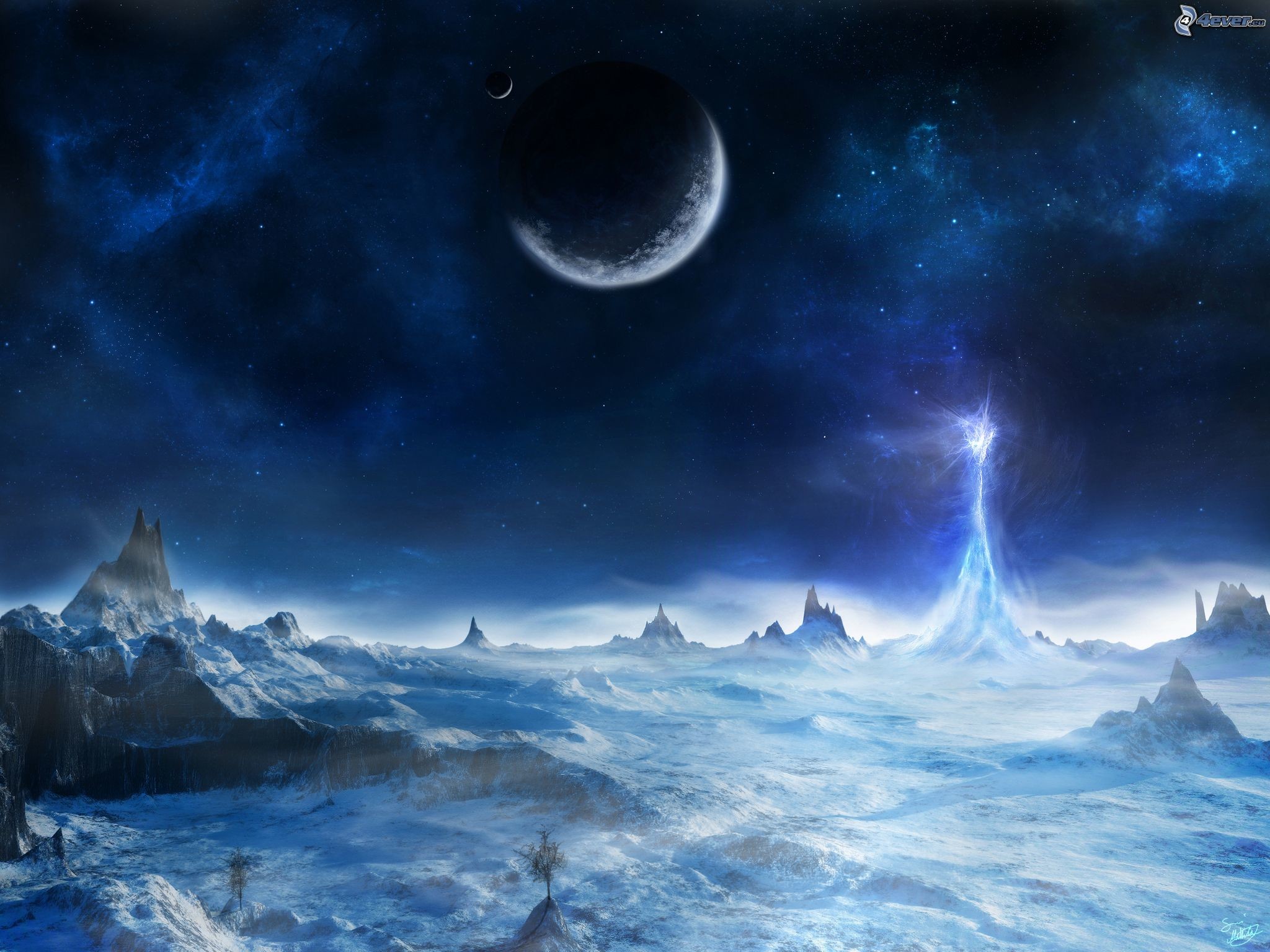 Luna, Paesaggio ghiacciato, Fantasy, Blu, sfondo per iPad e tablet