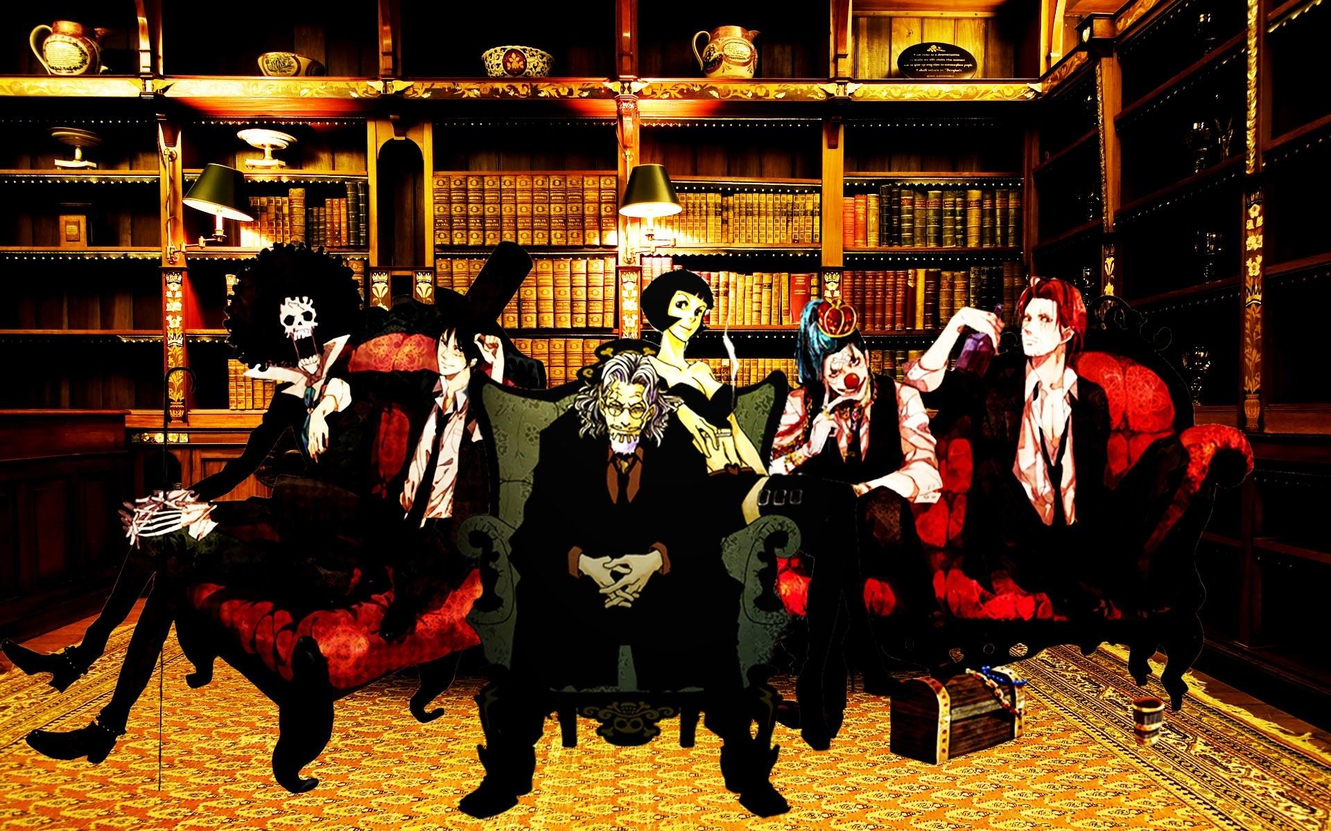 One Piece, Brook, Shanks, Trafalgar Law, Biblioteca, 1920x1200, sfondo per PC