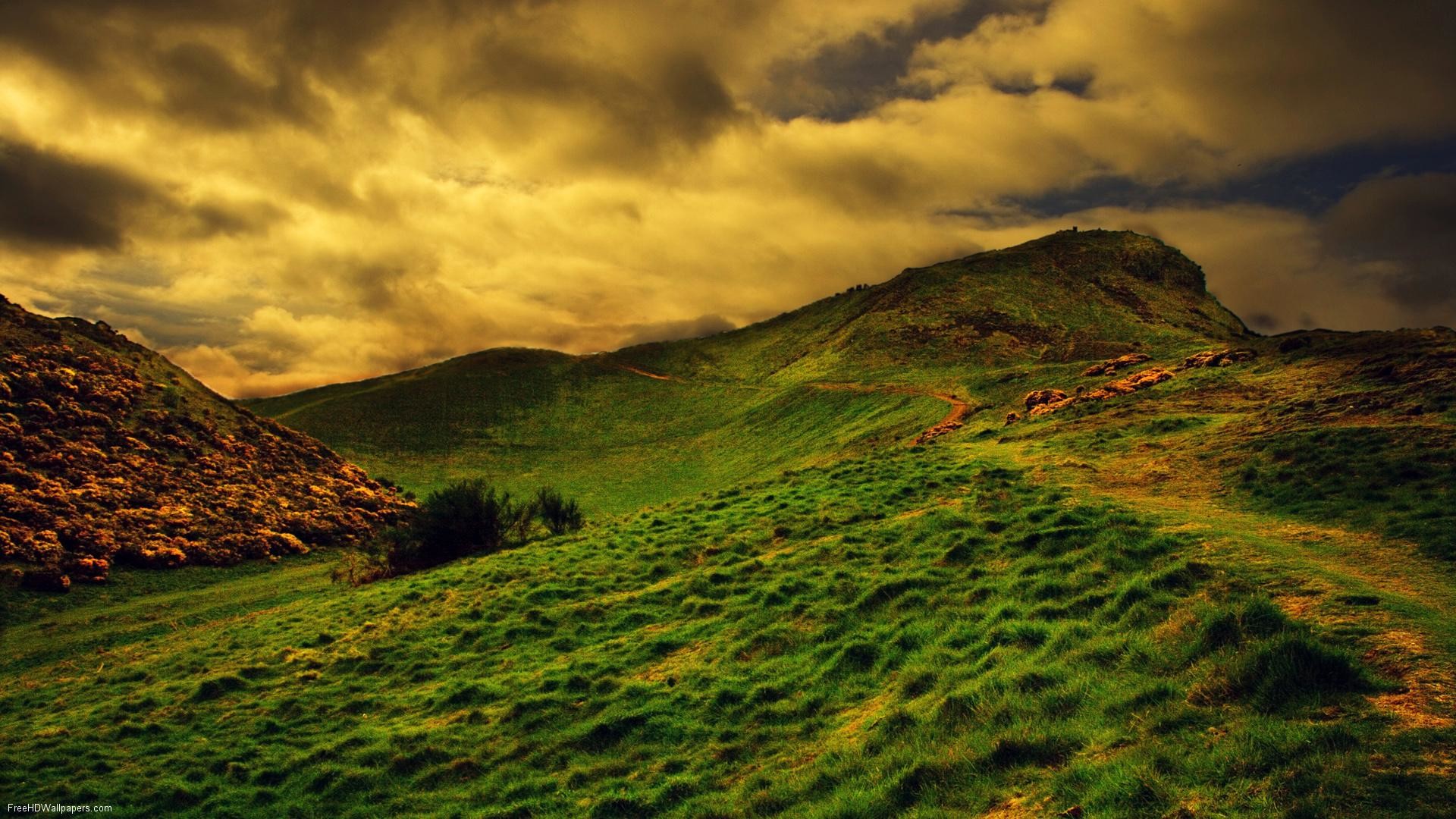 Colline, Prato, Cielo dorato, Nuvole, 1920x1080, immagine di sfondo