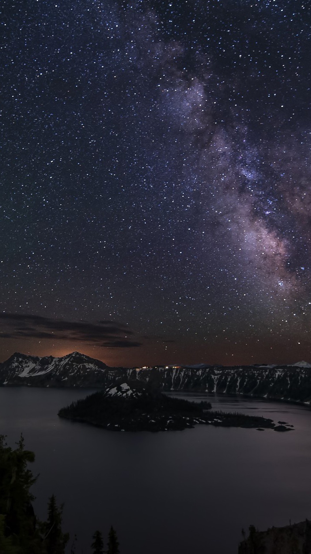 Via Lattea, Lago, Isola, Notte, Crater Lake, Full HD, sfondo verticale per cellulare