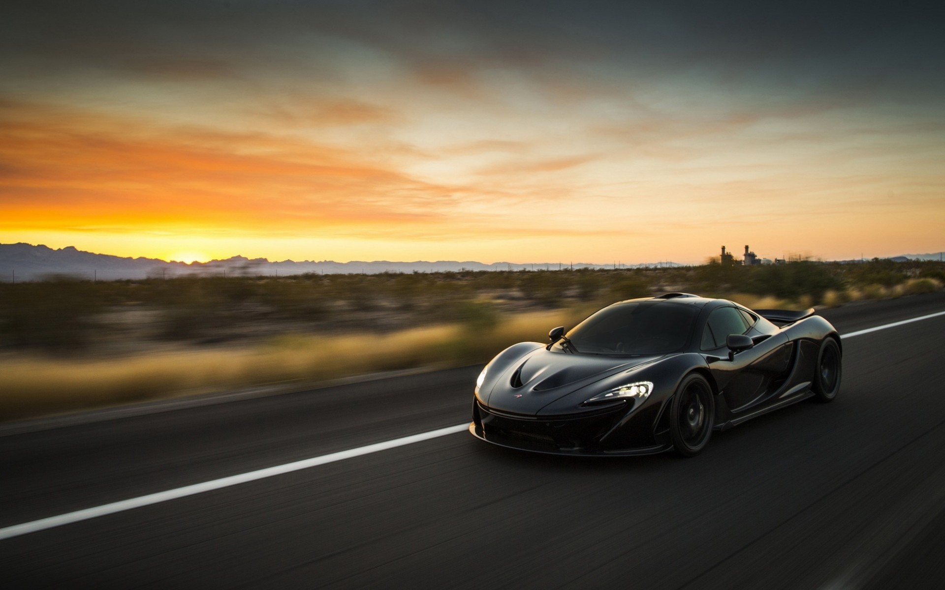 McLaren P1, Nero, Tramonto, Strada, 1920x1200, sfondo per PC