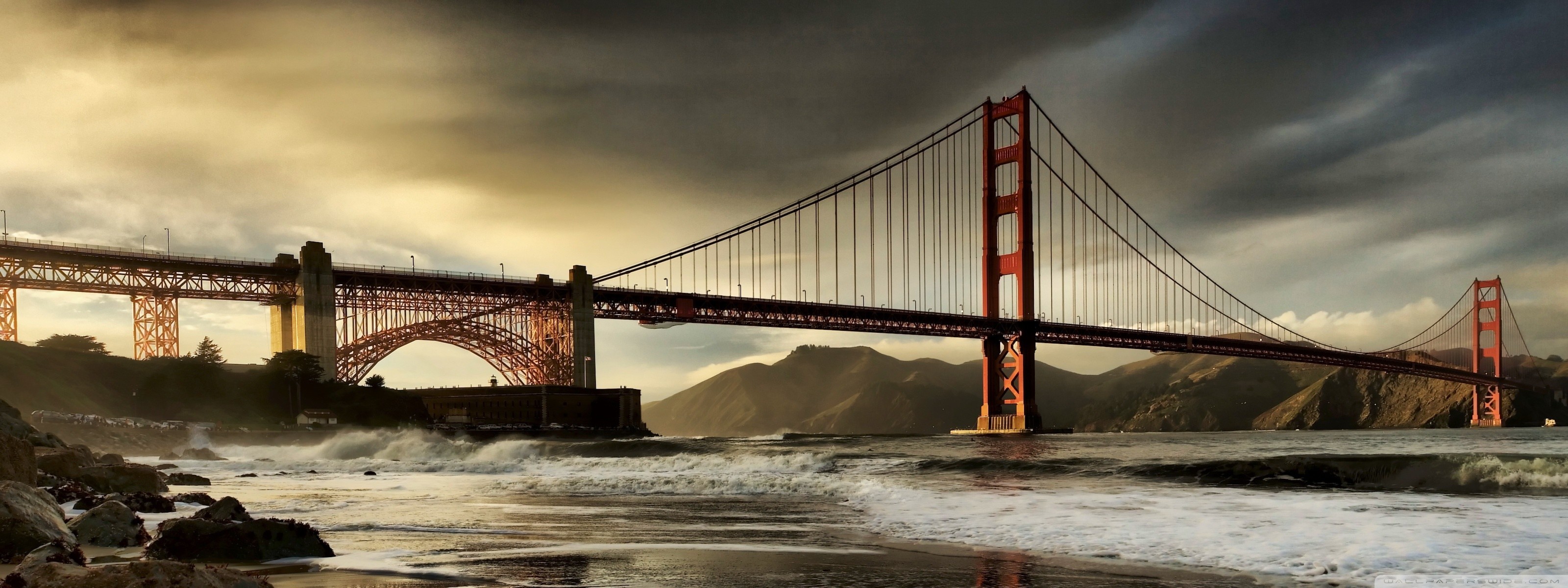 Golden Gate Bridge, San Francisco, Cielo nuvoloso, Onde, 2K, sfondo per portatile