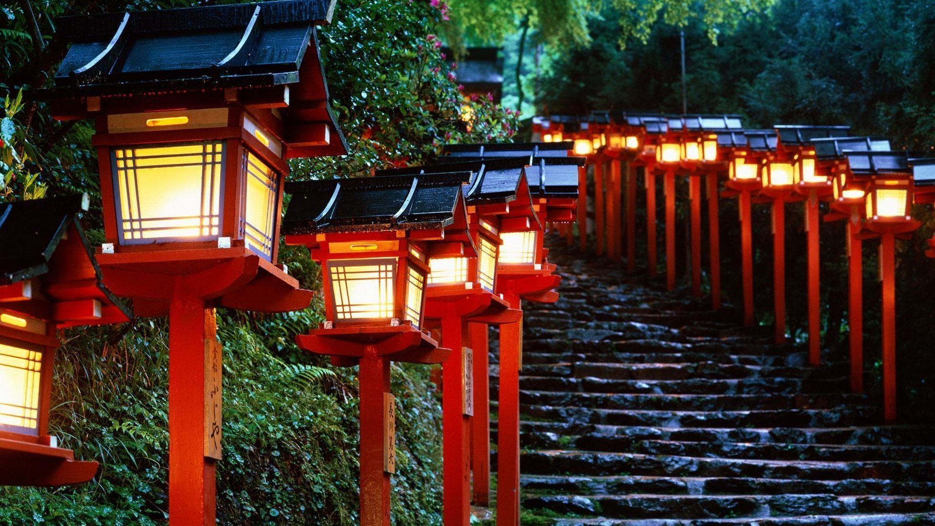 Kifune-jinja, Kyoto, Giappone, Lanterne, Scalinata, Full HD, wallpaper per portatile
