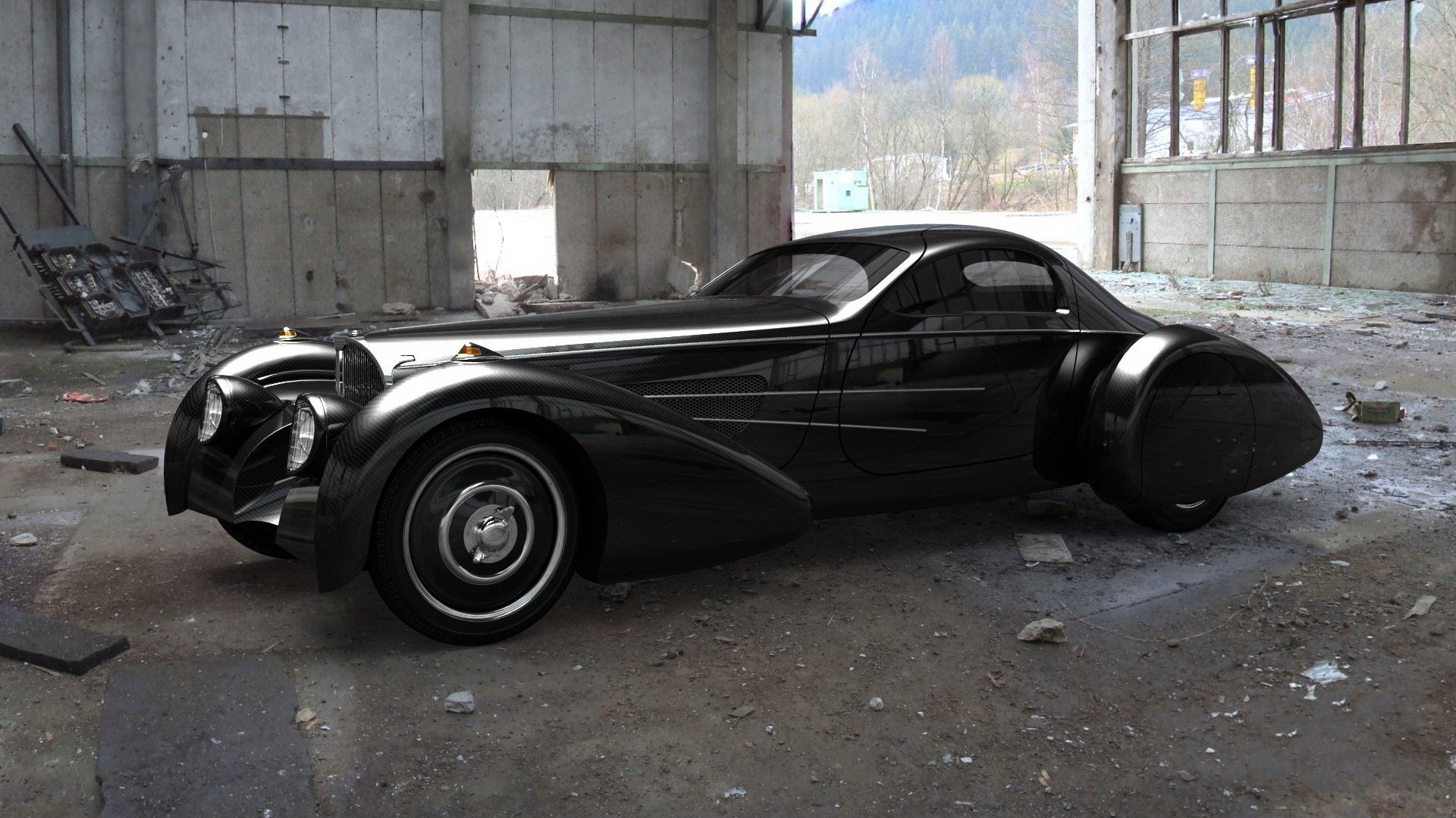 Delahaye USA Pacific, Retro, Nero, Capannone abbandonato, Full HD, wallpaper per computer