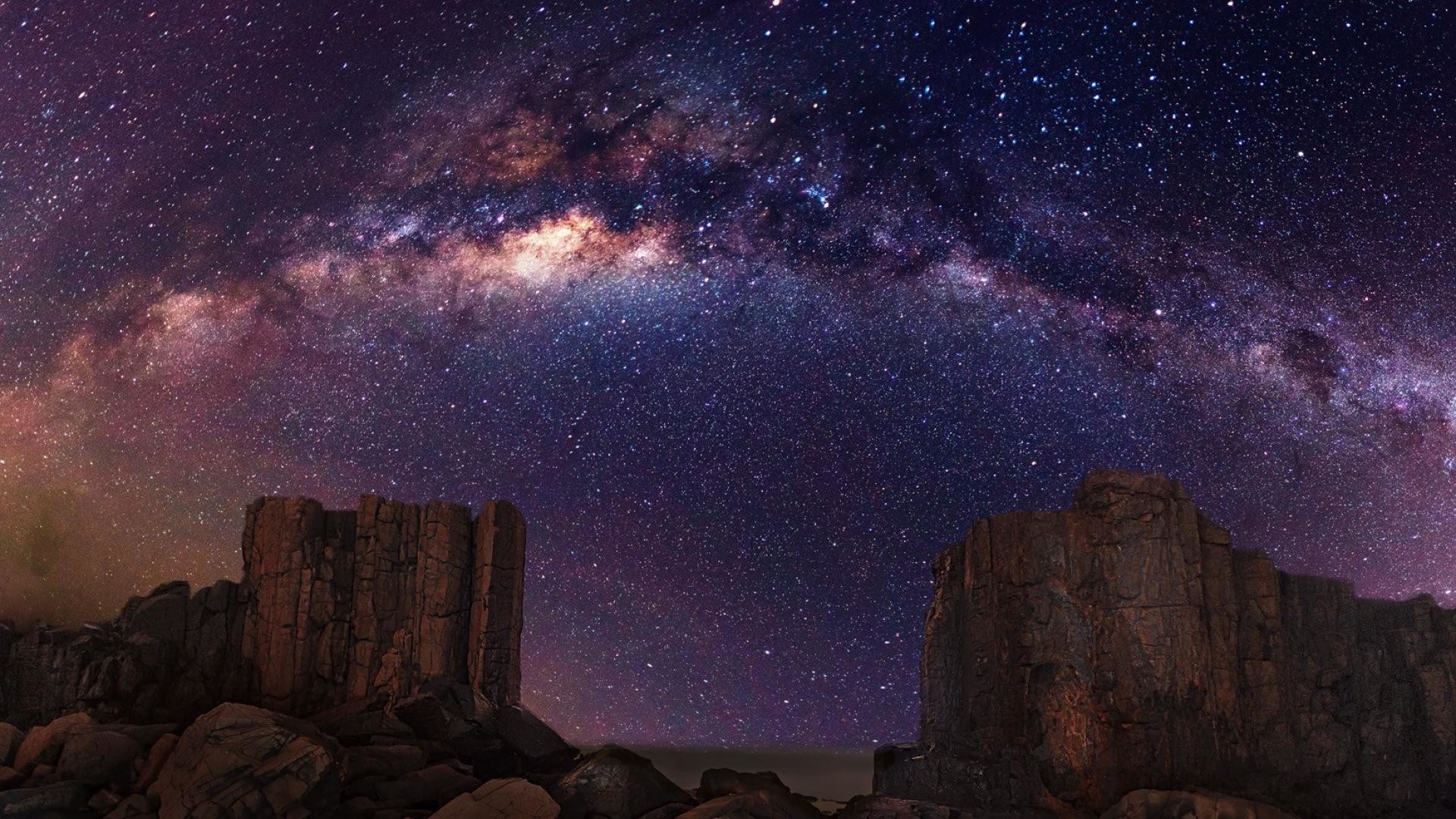 Via Lattea, Arco galattico, Rocce, Panorama, 16:9 Full HD, wallpaper widescreen