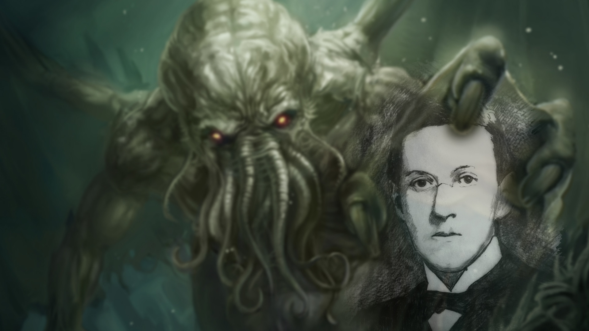H. P. Lovecraft, Cthulhu, Ritratto, Verde scuro, 16:9 Full HD, sfondo widescreen